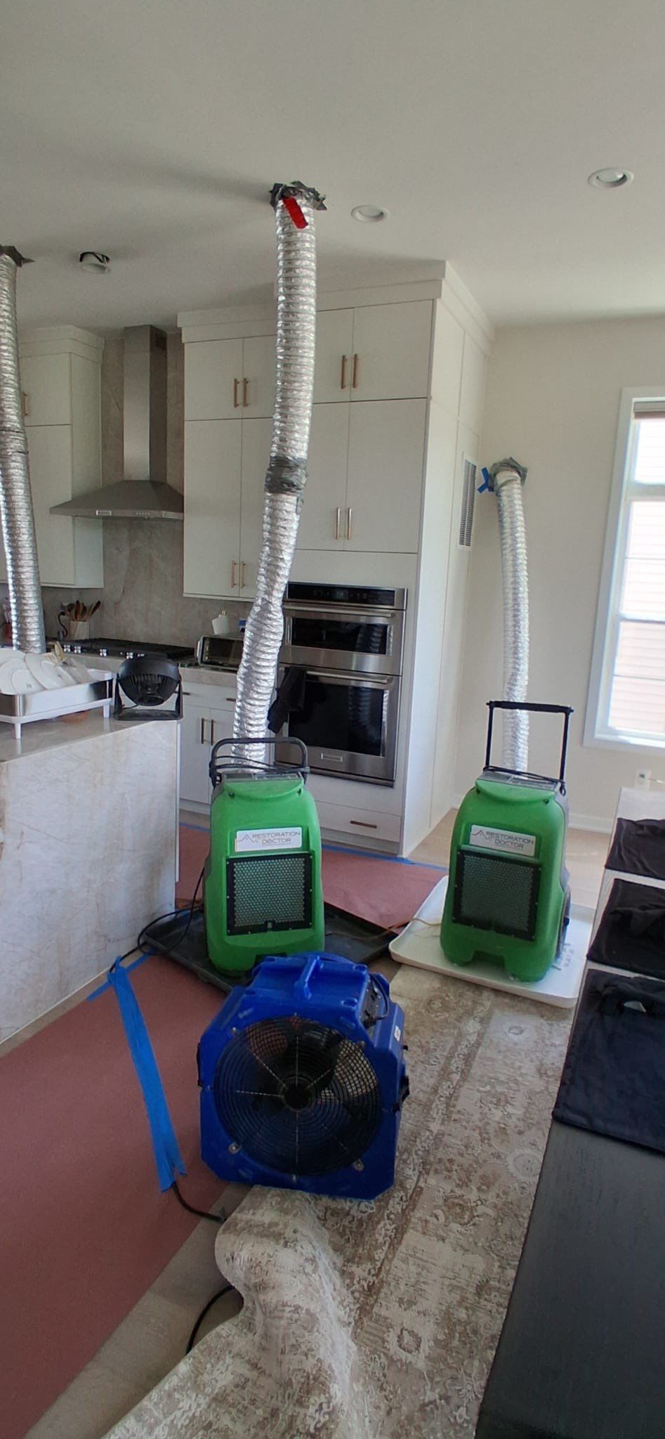 Thermal imaging inspection documenting moisture distribution across affected wall cavity during active drying phase.