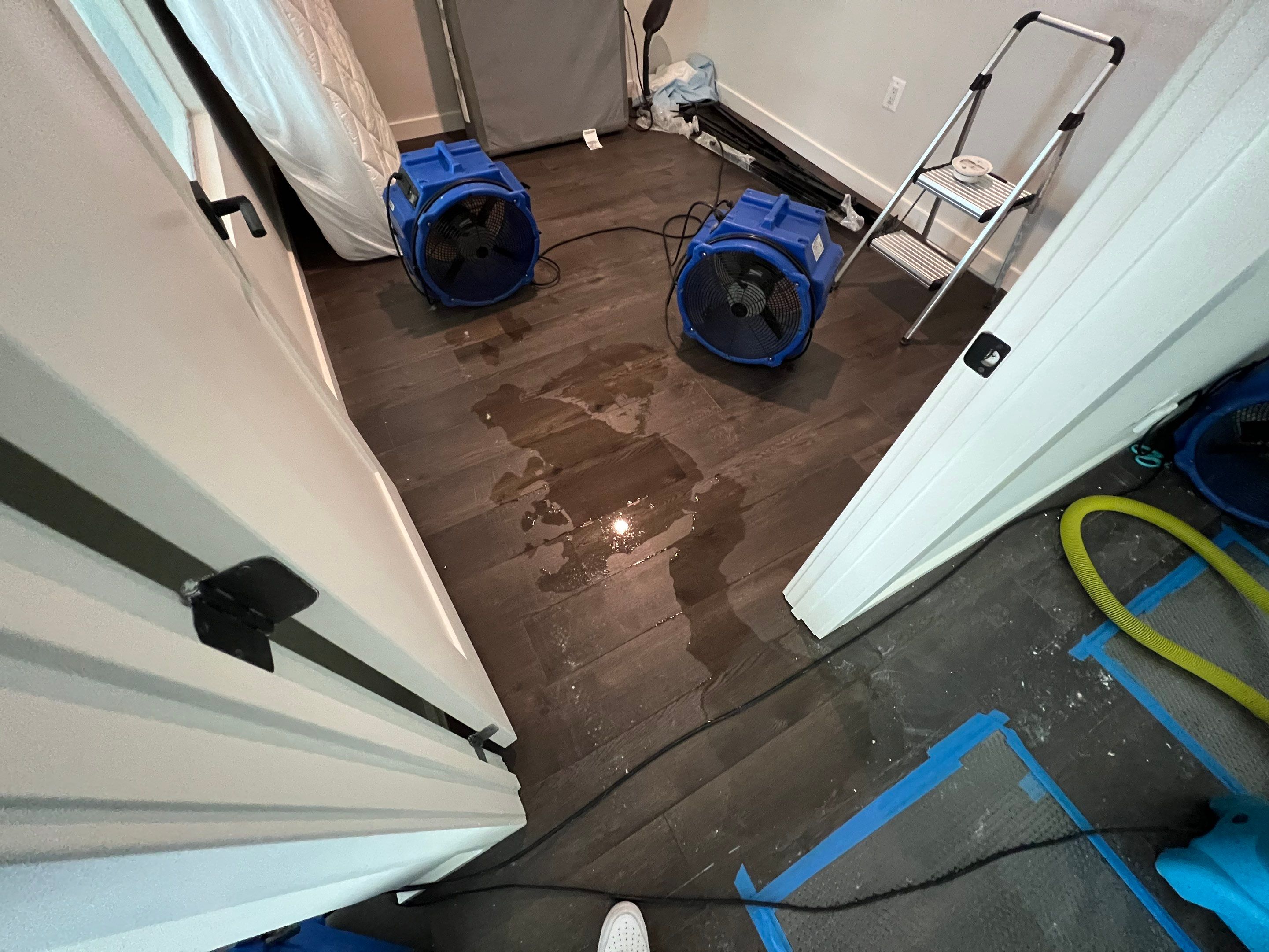 Advanced drying phase with dehumidifiers extracting residual moisture from flooring and structural materials.