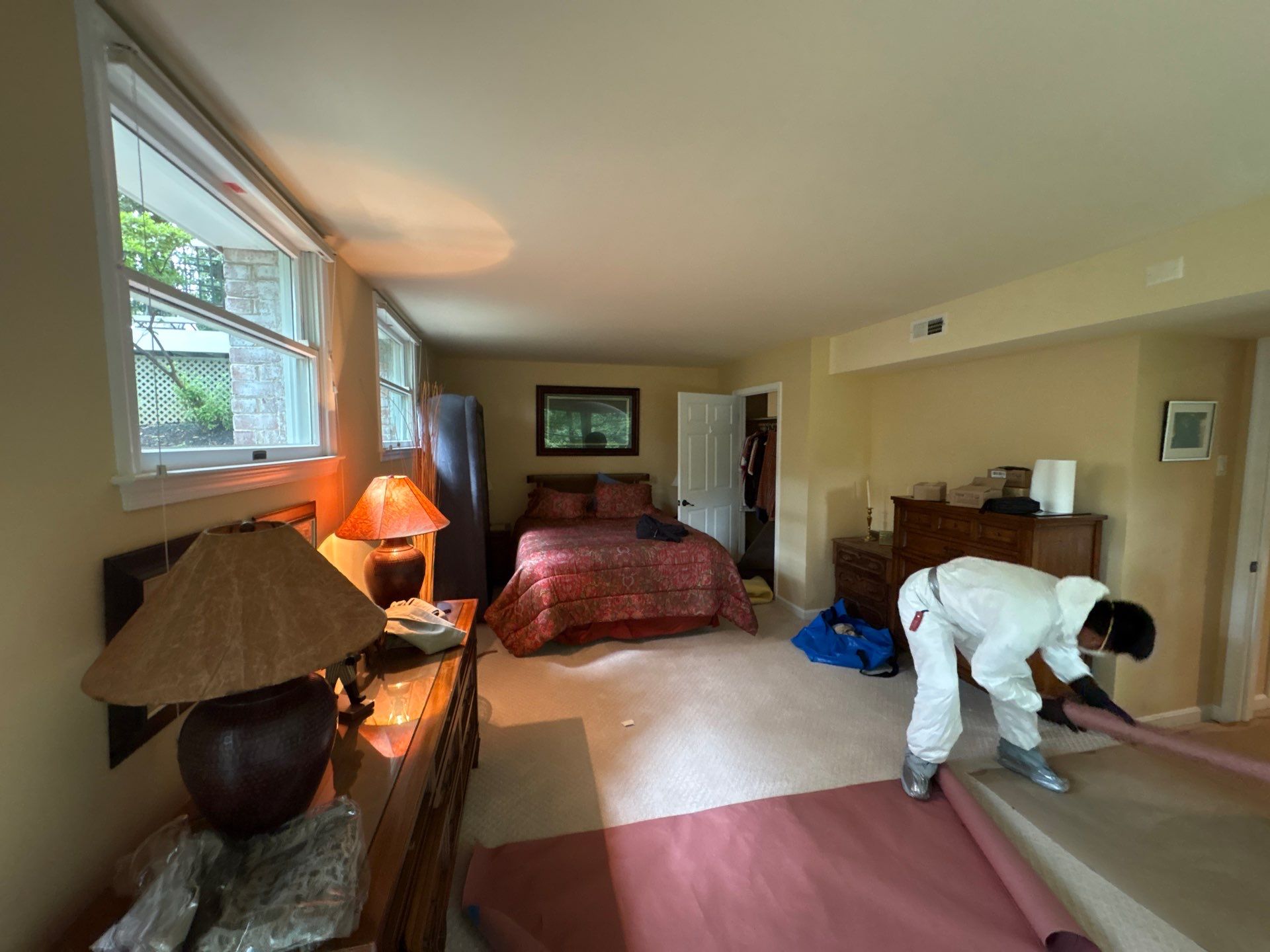 Containment and sanitizing phase of mold remediation in McLean, preparing surfaces for antimicrobial treatment.