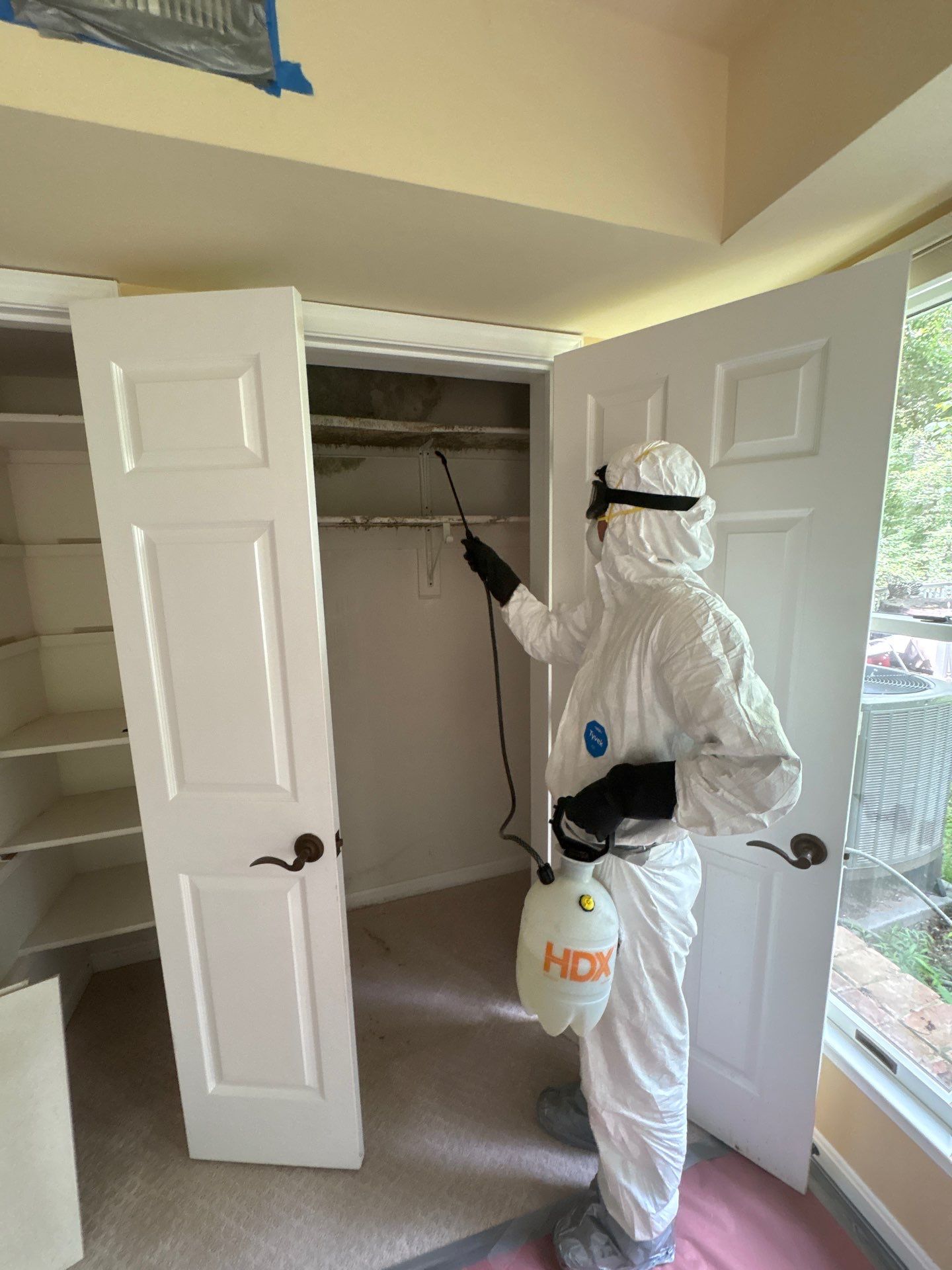 Advanced stage of mold remediation in McLean, final sanitizing and preparation for structural restoration.