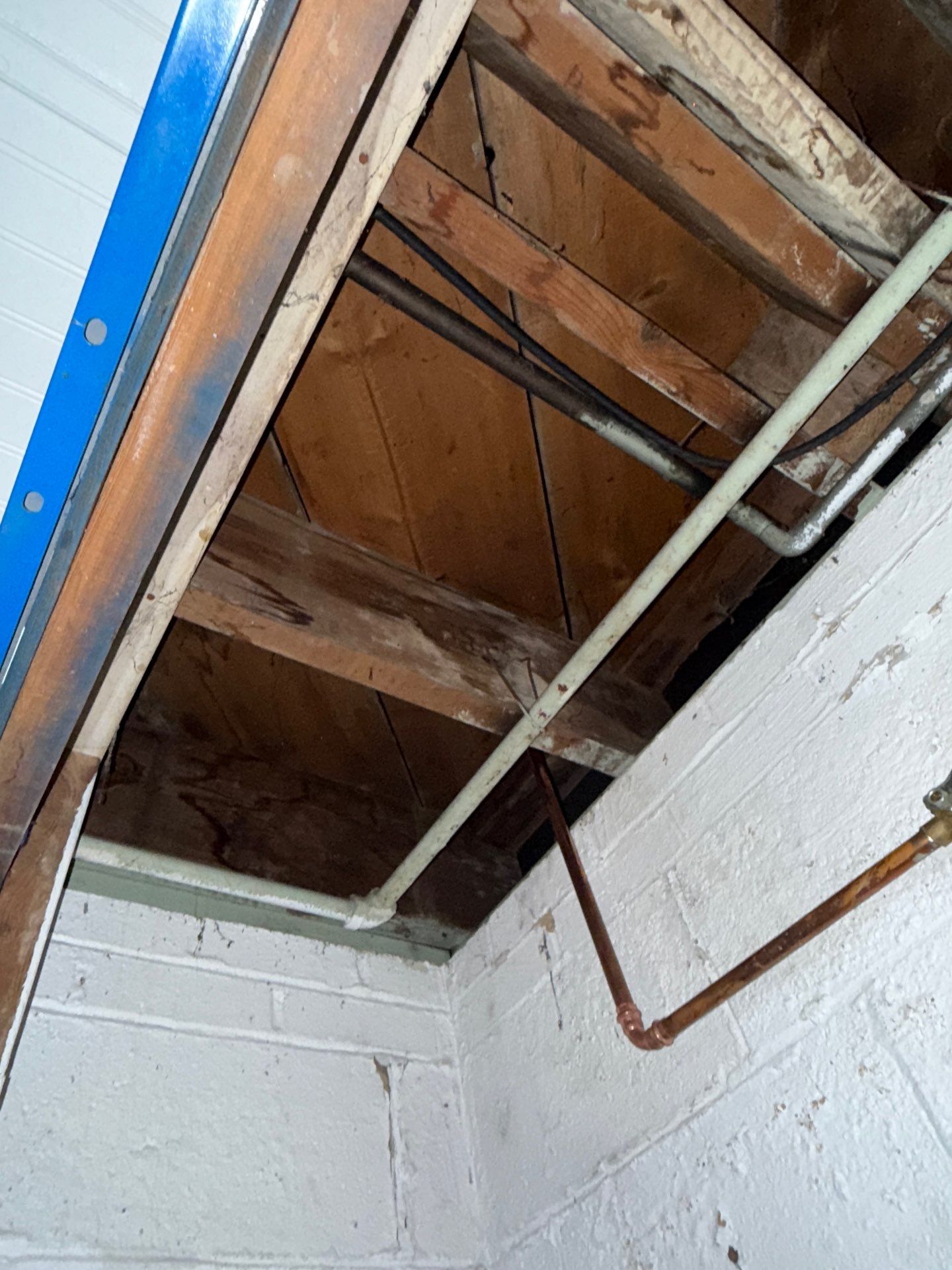 Structural drying equipment positioned to address moisture intrusion identified in initial assessment.