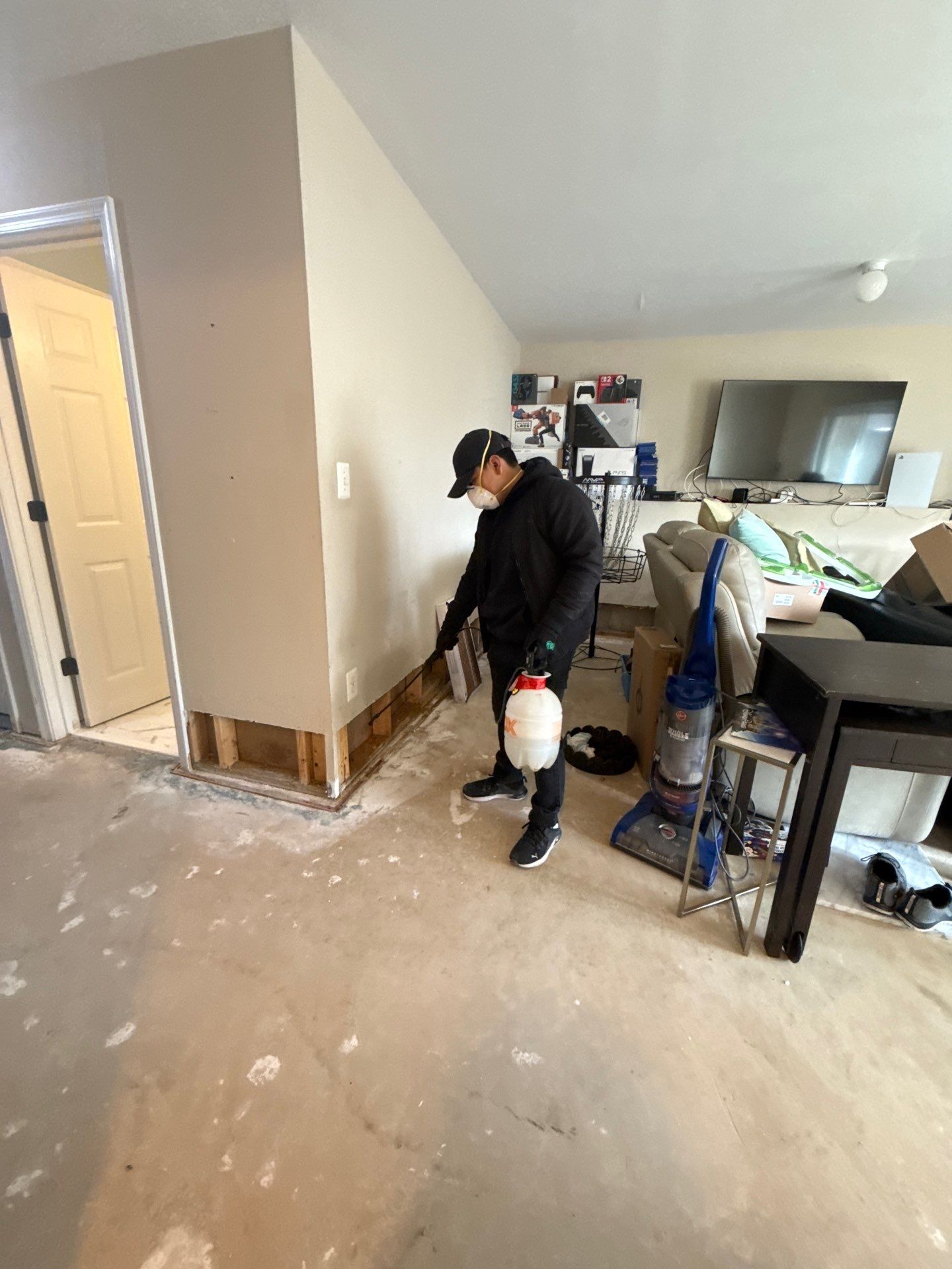 Standing water removal in progress during mold remediation in Leesburg.