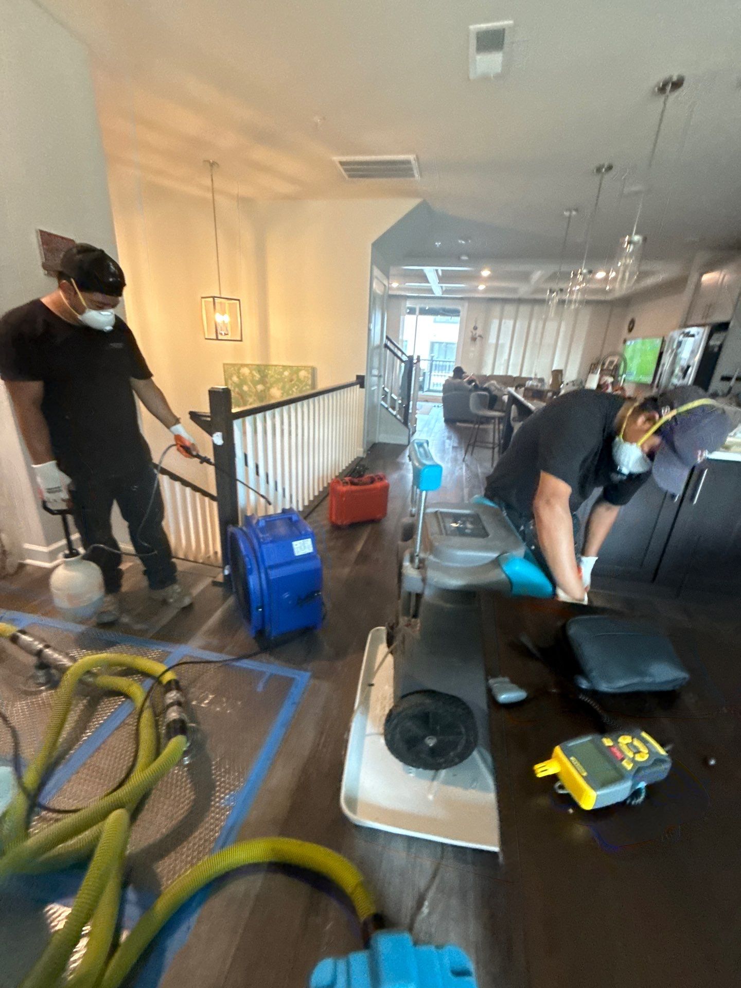 Air movers direct airflow across treated surfaces to accelerate evaporation and prevent mold recurrence.