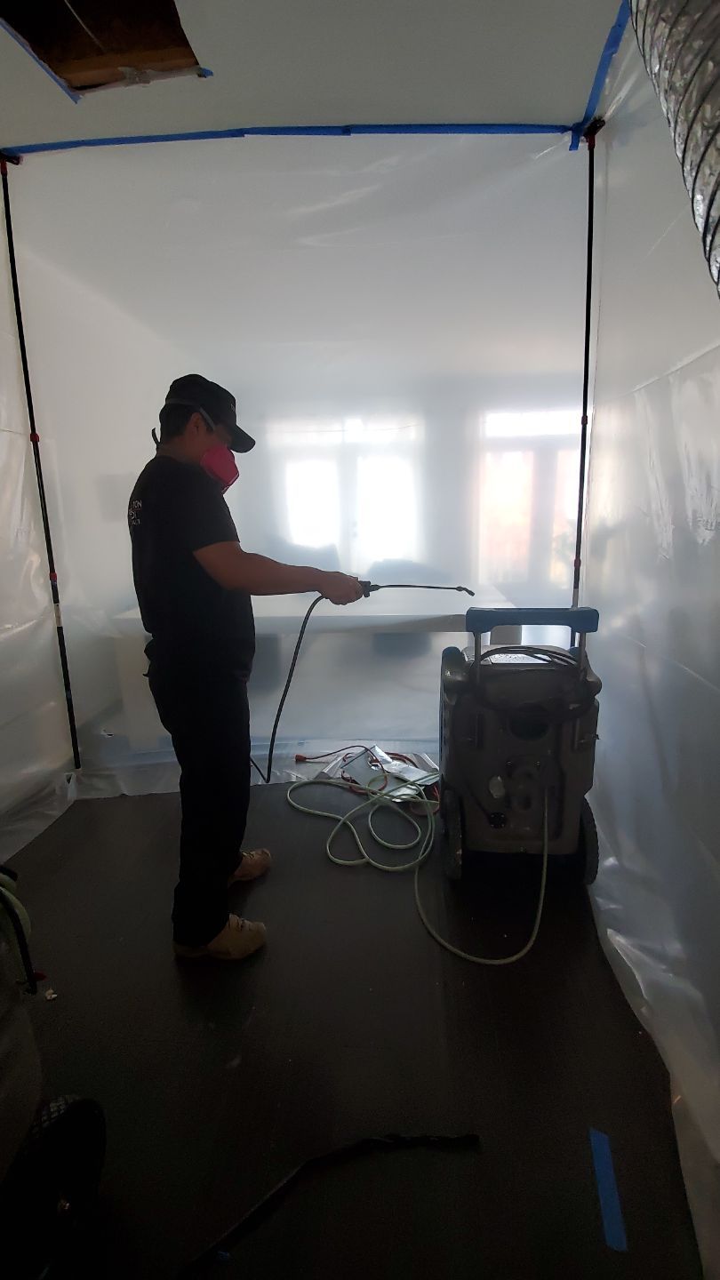 Thermal imaging camera documenting moisture distribution within affected wall cavity.