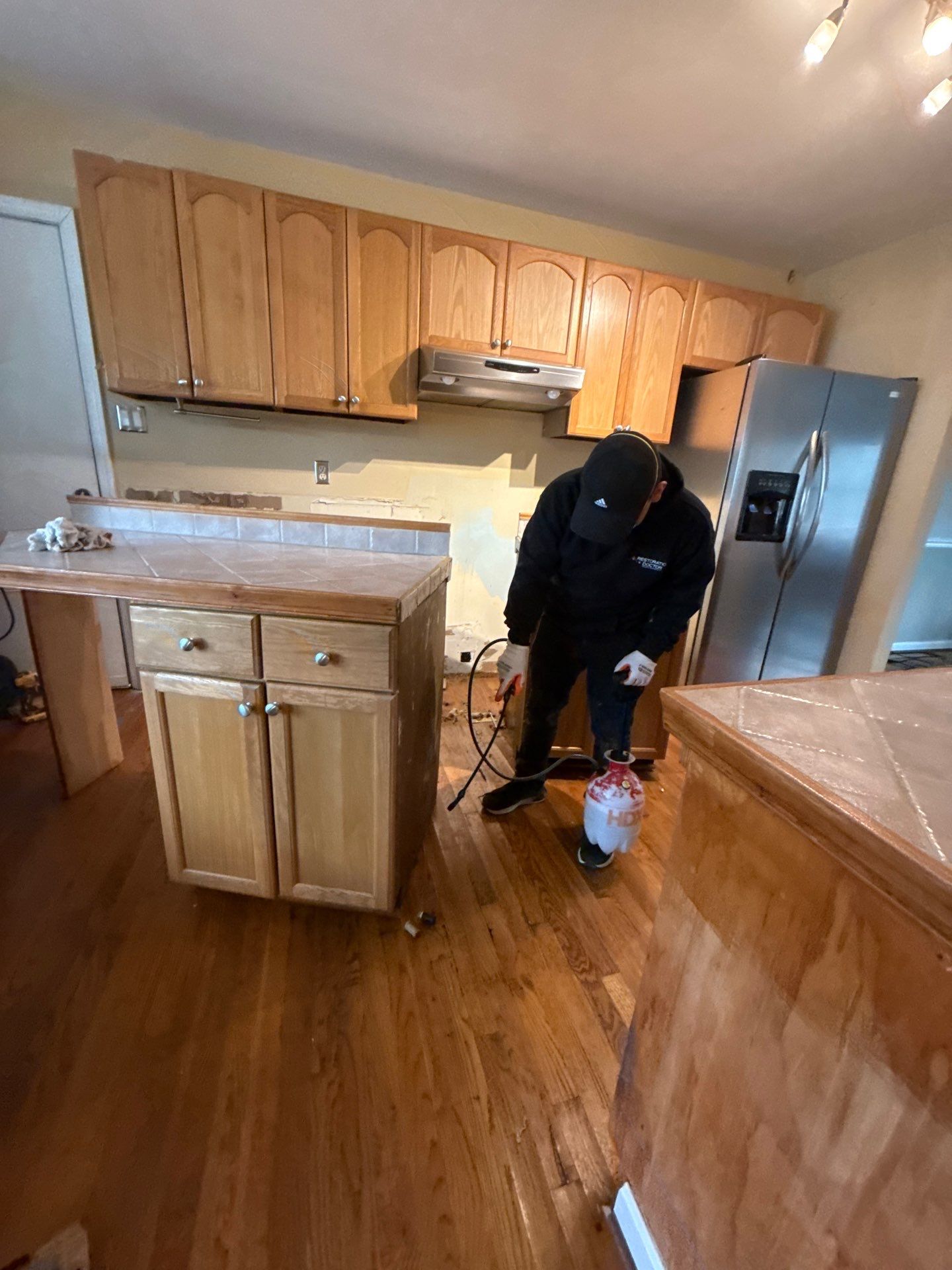 Dehumidification equipment positioned throughout affected space during Reston water restoration drying phase.