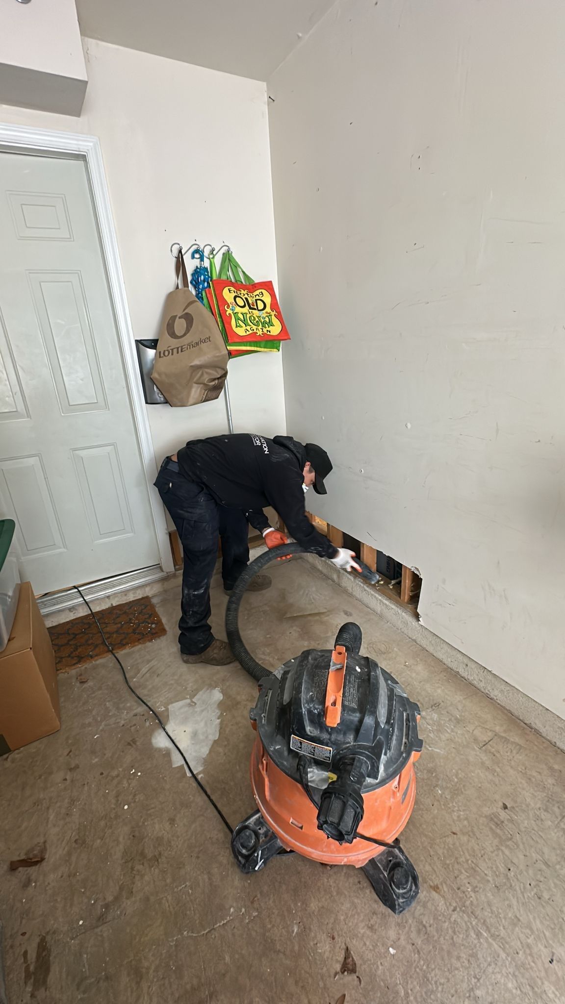Drying equipment positioned to address moisture identified in thermal inspection phase.