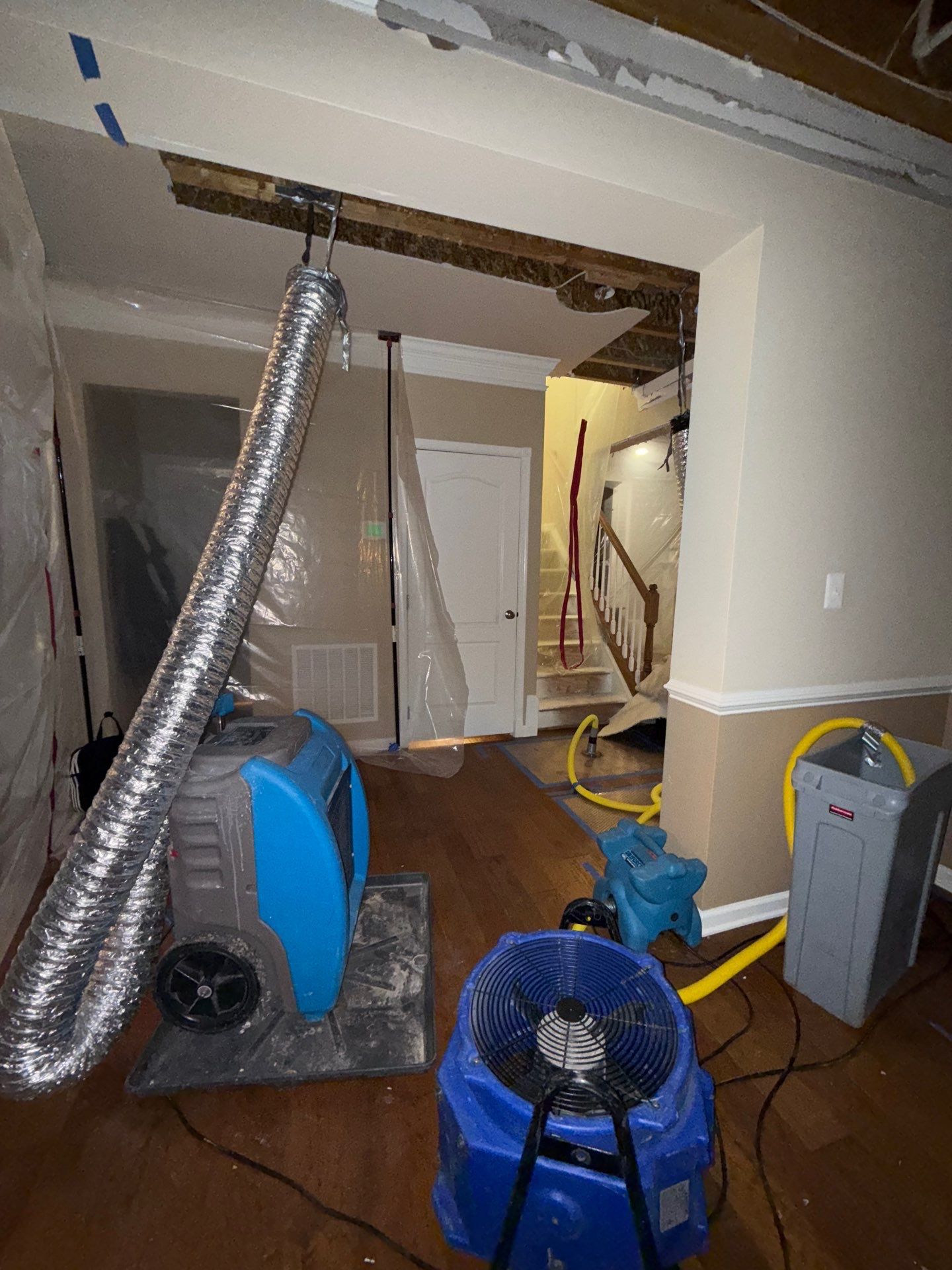 Thermal imaging camera documenting moisture patterns beneath flooring during mold remediation containment phase.