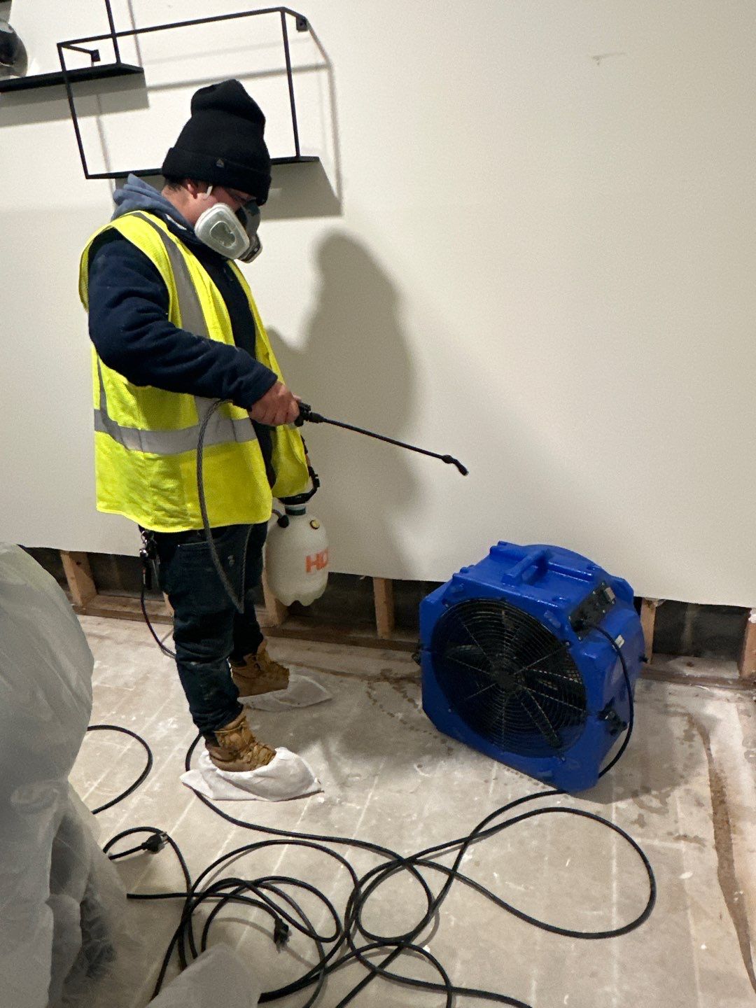 Final-stage water damage restoration with equipment removal and containment barrier takedown.