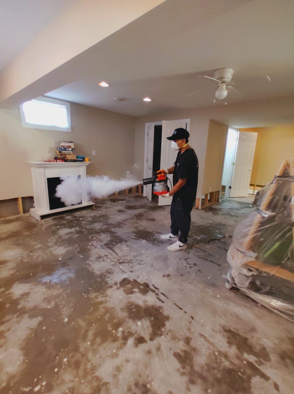 Mold remediation and structural assessment during active restoration phase.
