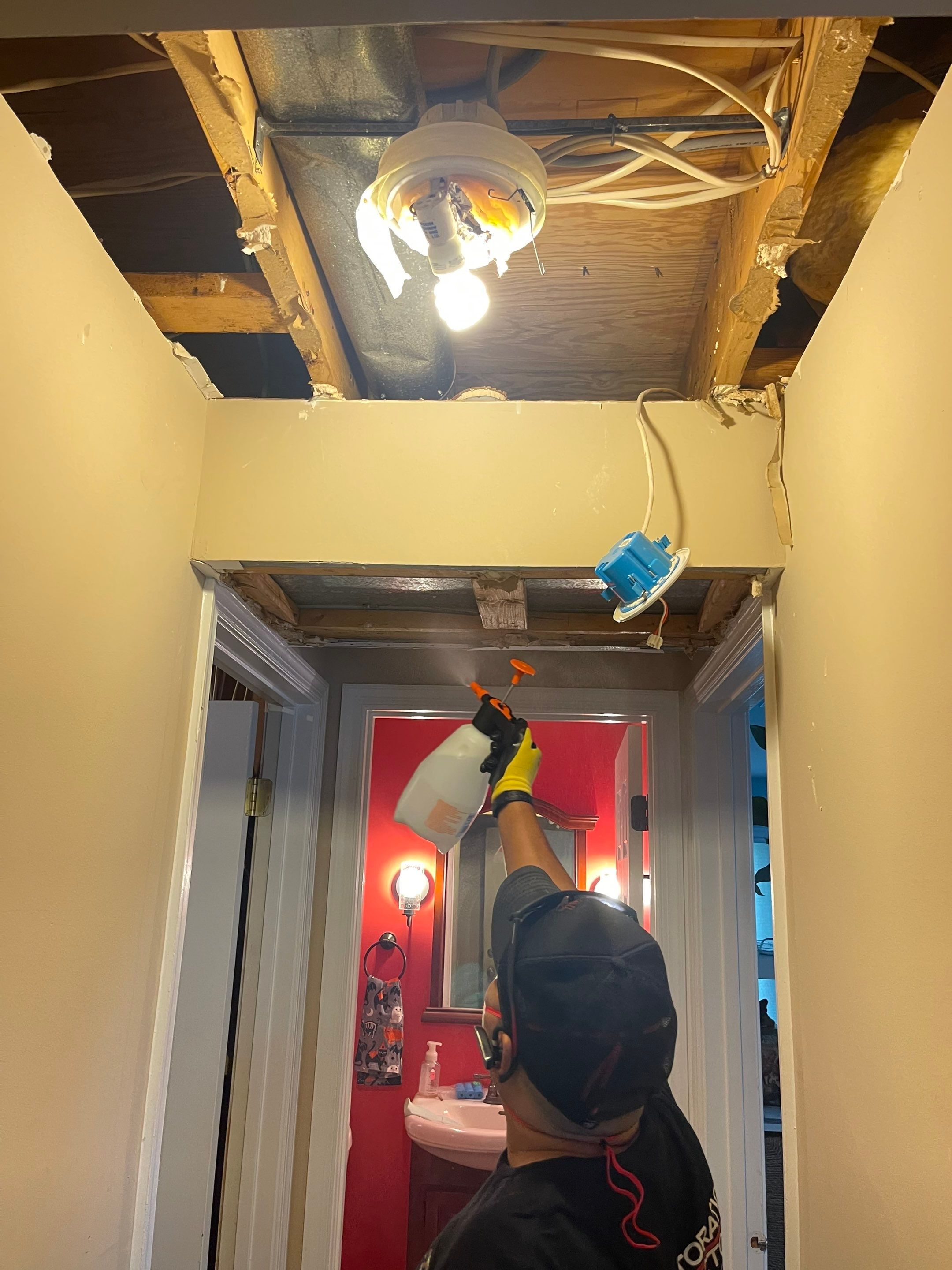 Structural drying in progress with monitoring equipment tracking moisture reduction.