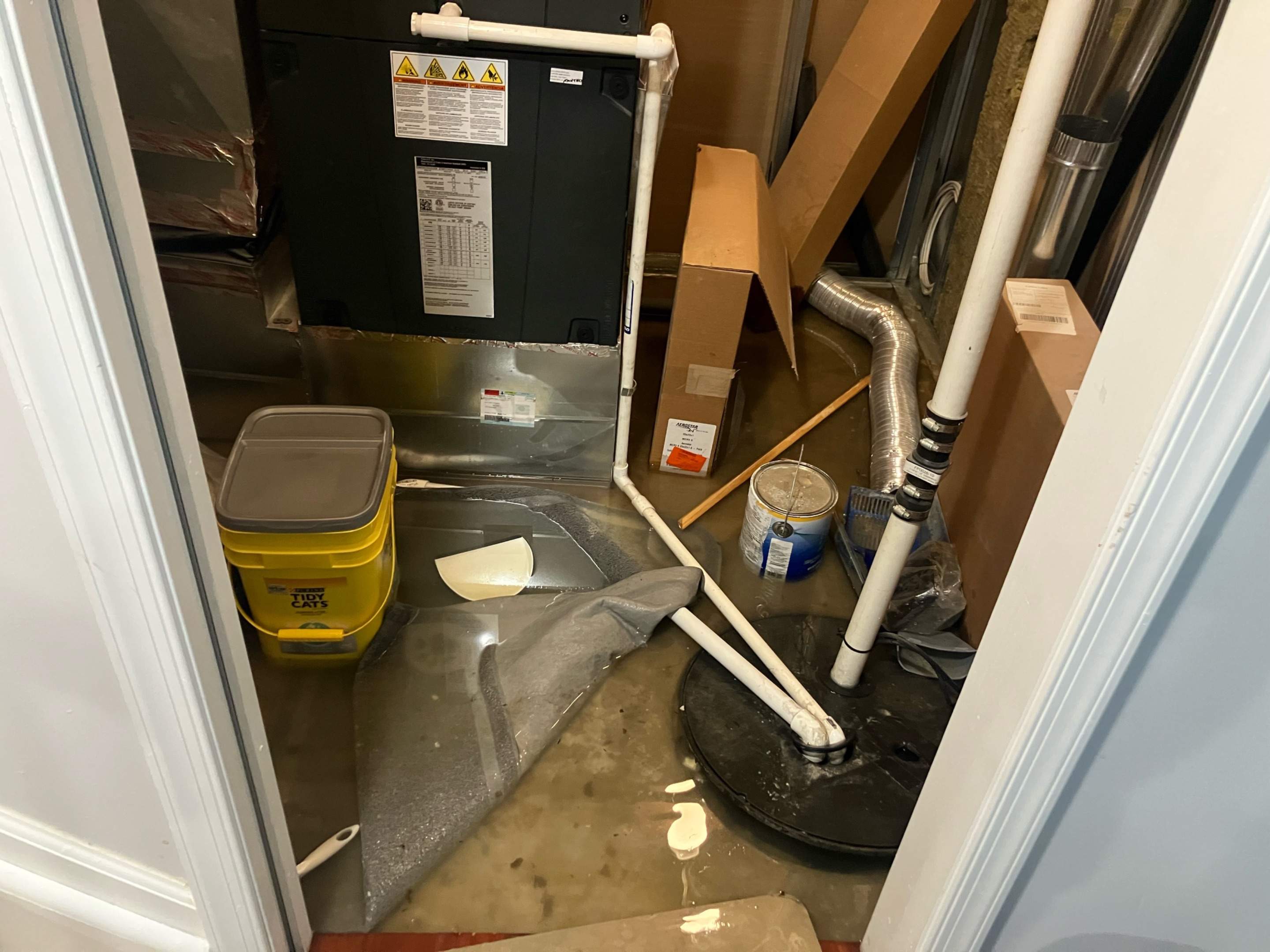 Dehumidification and air circulation equipment positioned to dry structural cavities and protect remaining contents during remediation.