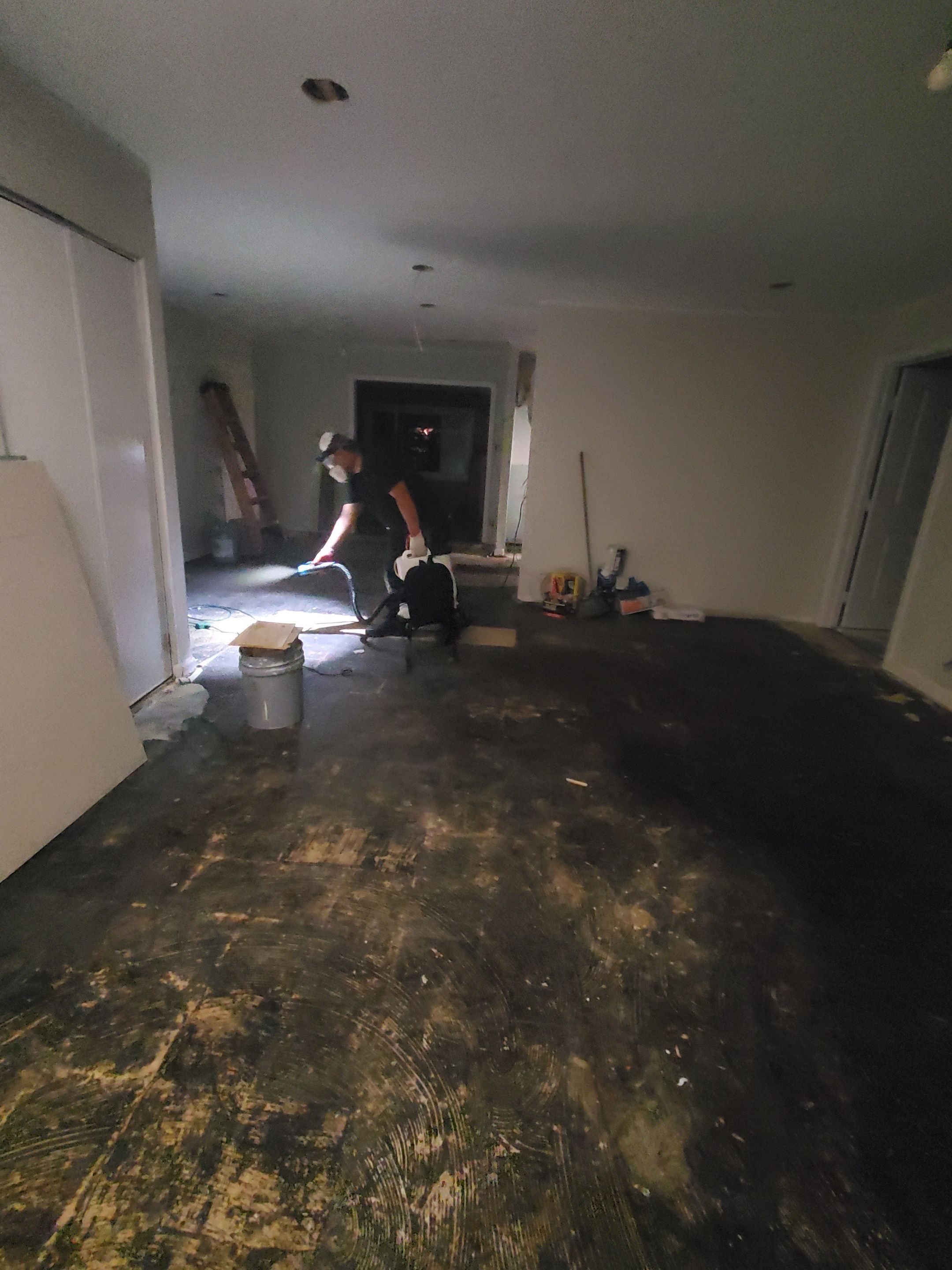 Dried flooring and cleared space following complete water damage restoration in Sterling.