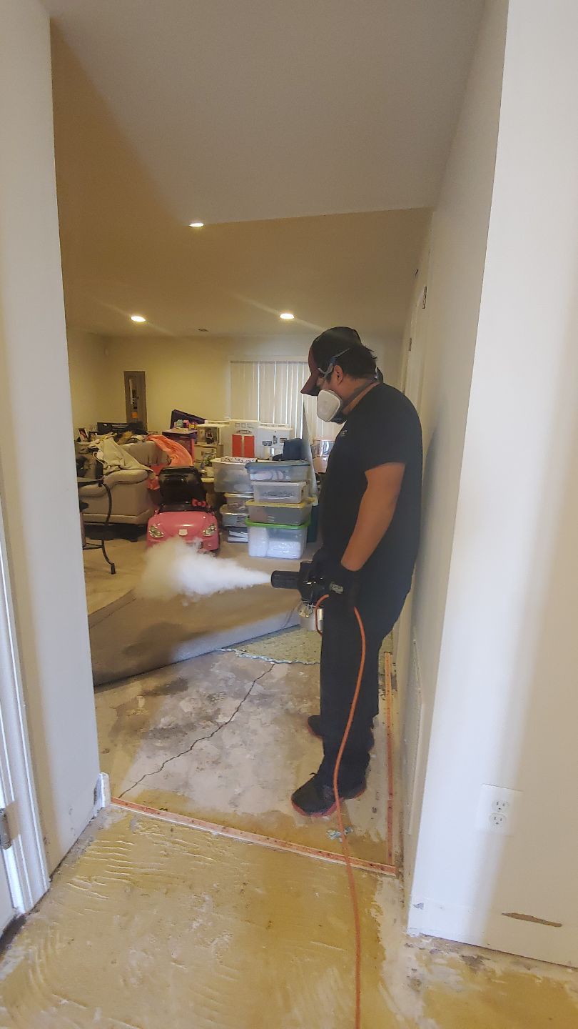 Water-damaged carpet and flooring in Manassas home with dehumidification equipment positioned for structural drying.
