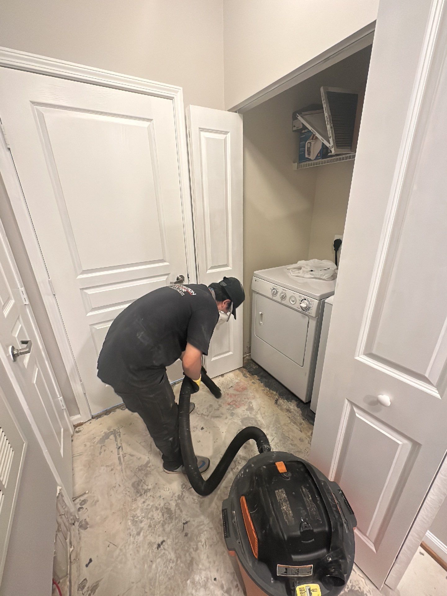 Advanced drying phase with equipment repositioned to target remaining moisture in structural materials and building envelope.