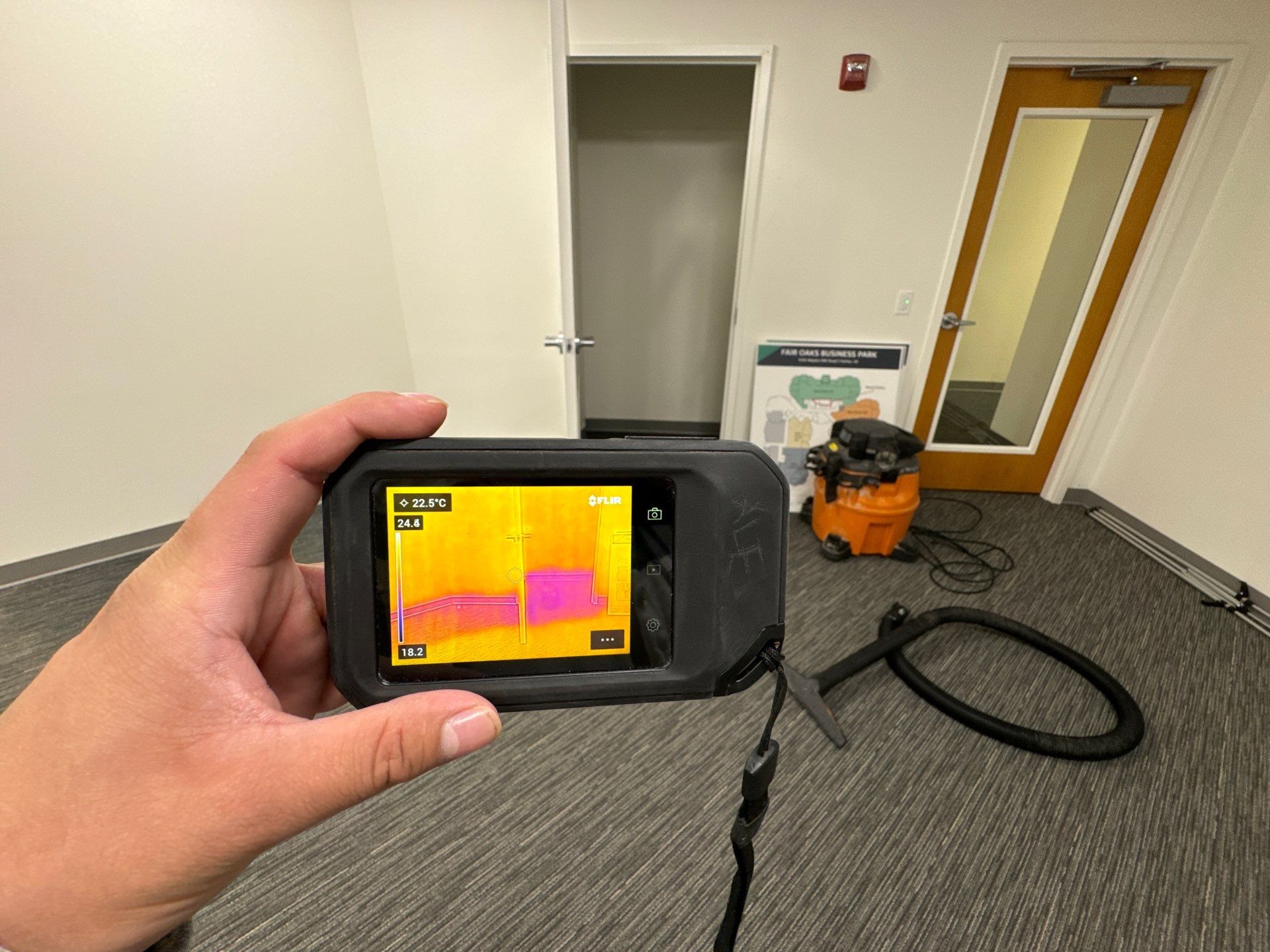 Thermal imaging moisture inspection identifying hidden water damage during restoration.