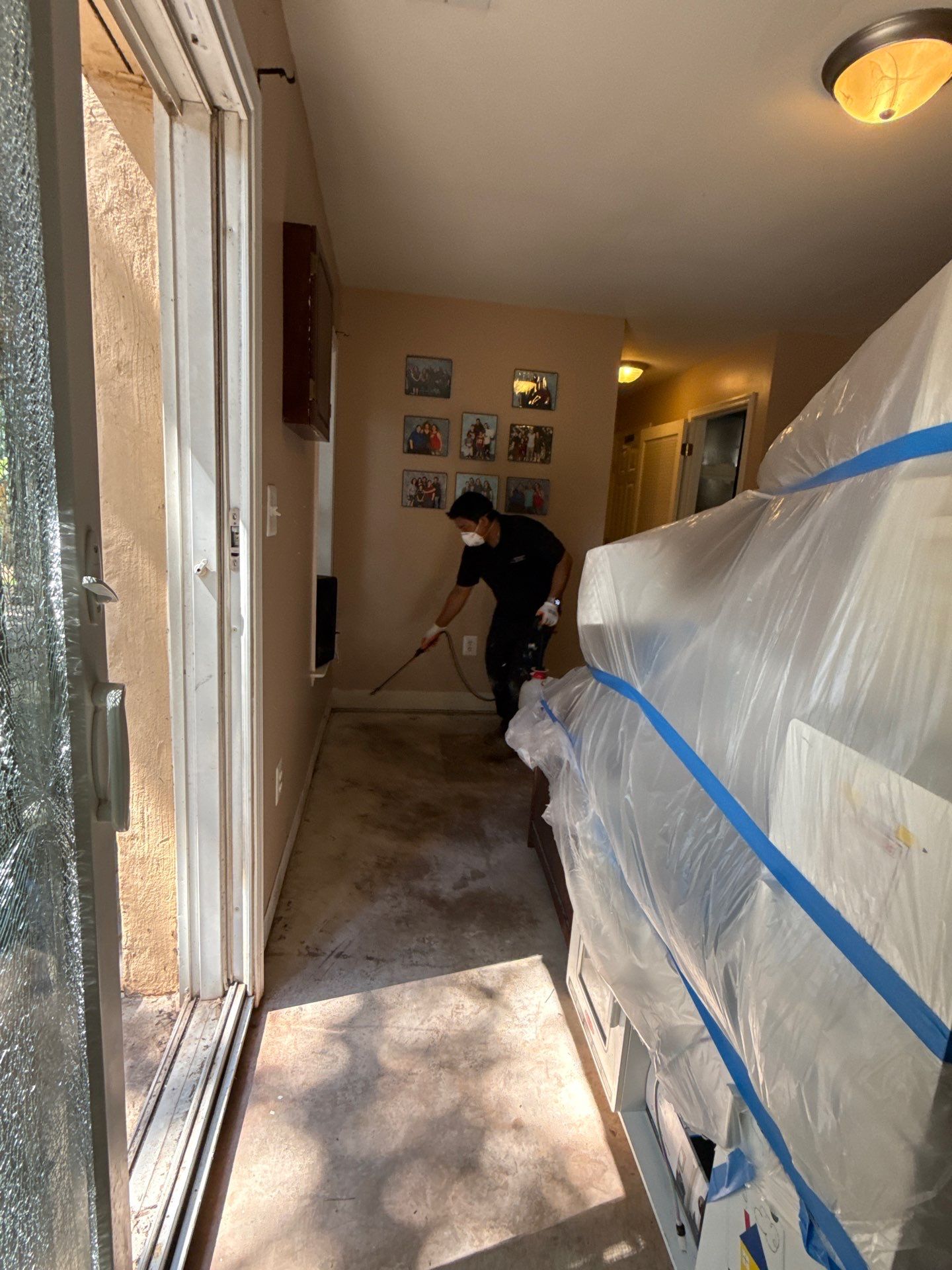 Containment and antimicrobial treatment of affected surfaces.