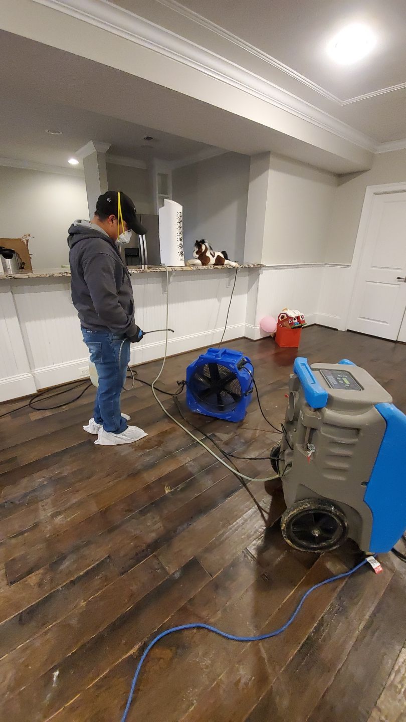 Final-stage inspection of dried structure and restored flooring after water damage restoration completion.
