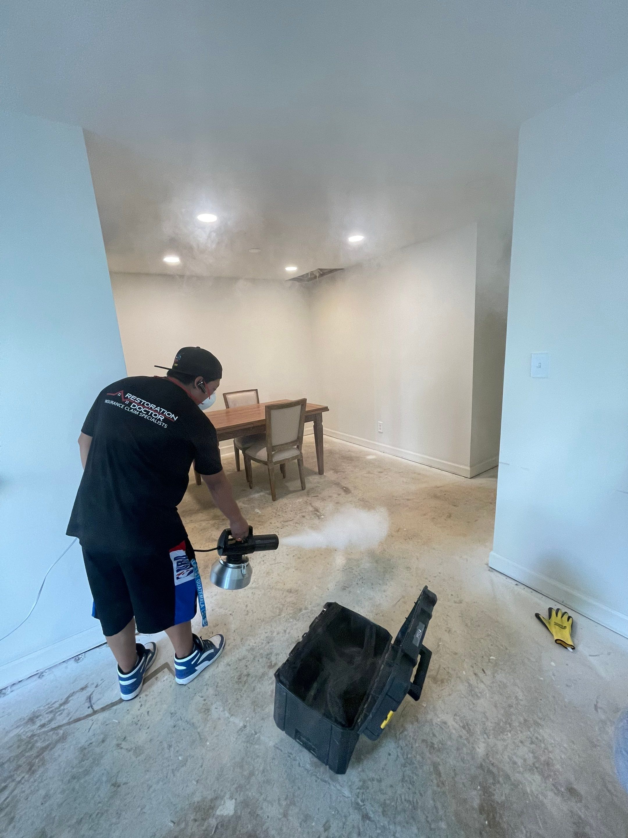 Ceiling repair completion in Alexandria water damage restoration, structural drying phase concluded.