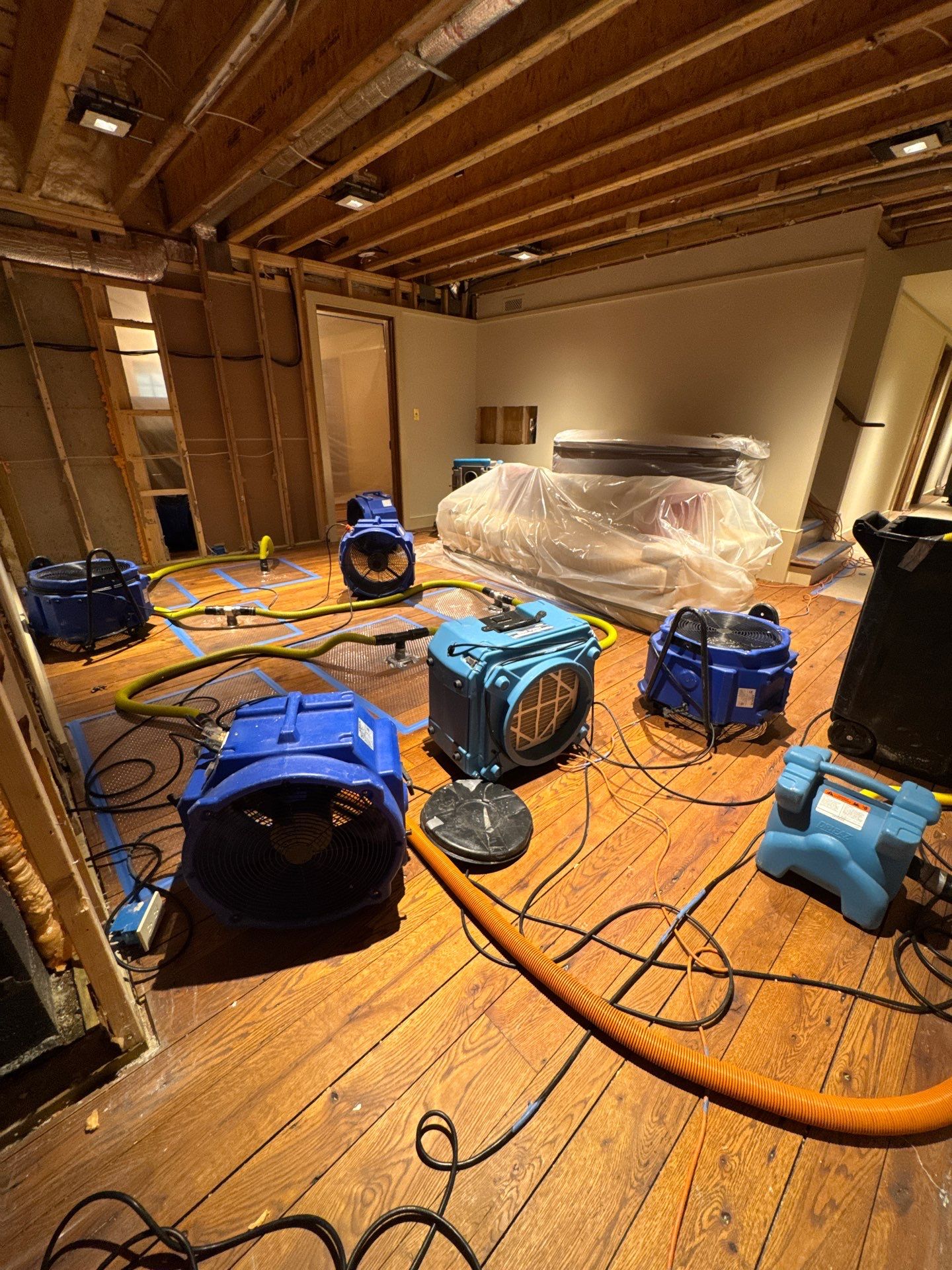 Drying verification before wall rebuild begins.