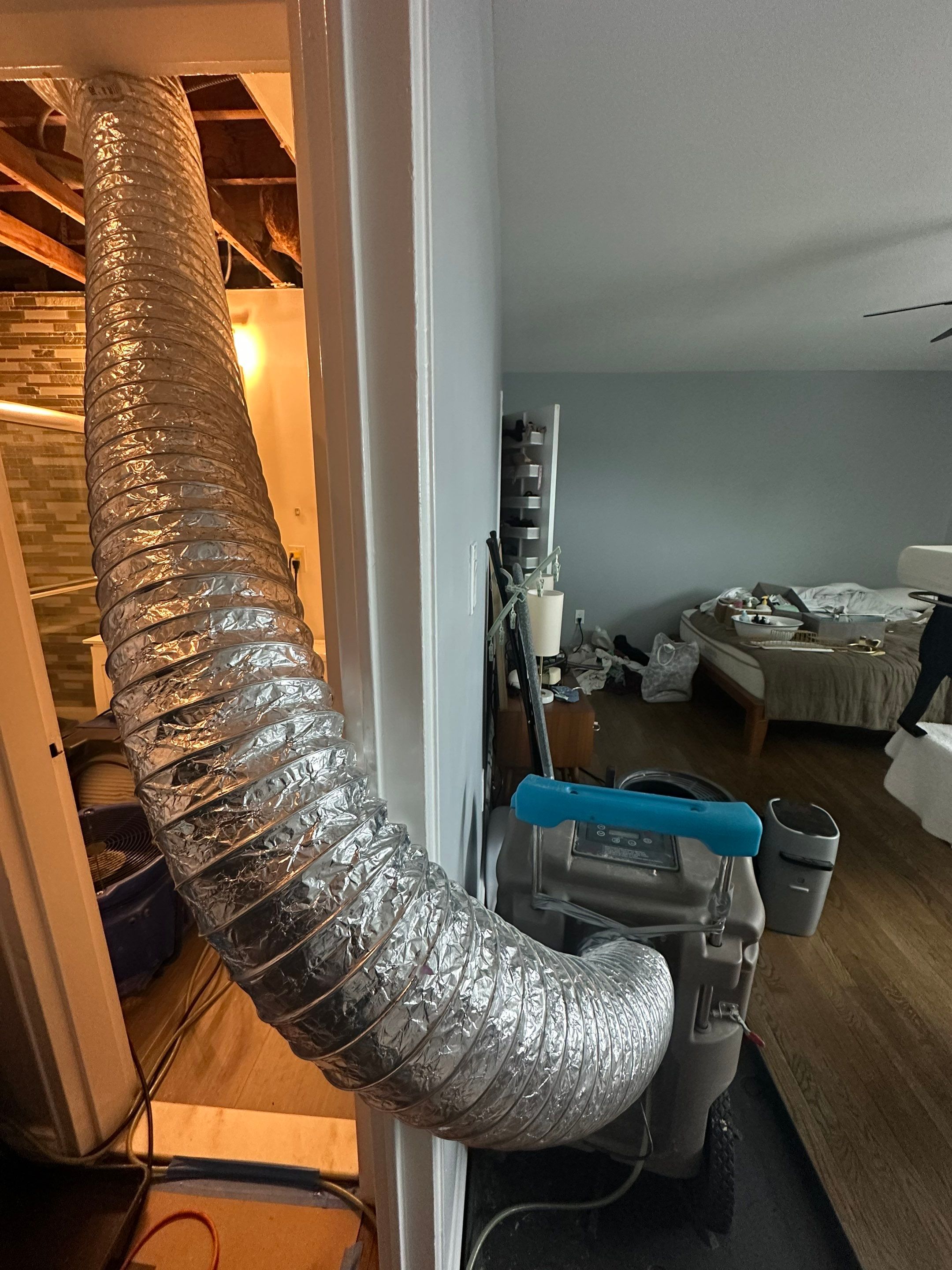 Drying equipment positioned beneath exposed ceiling framing after water extraction.