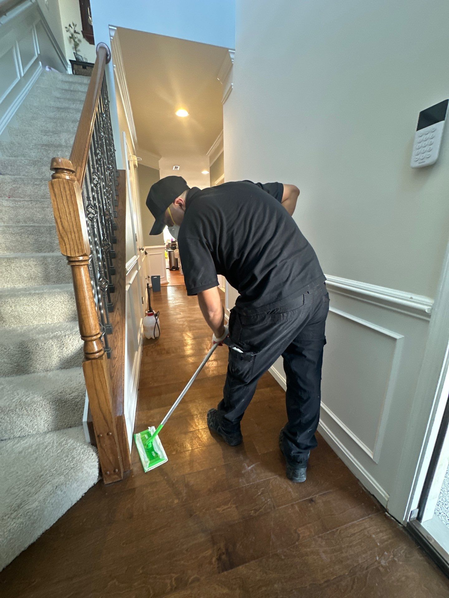 Completed water restoration with sanitizing treatment applied to affected surfaces.