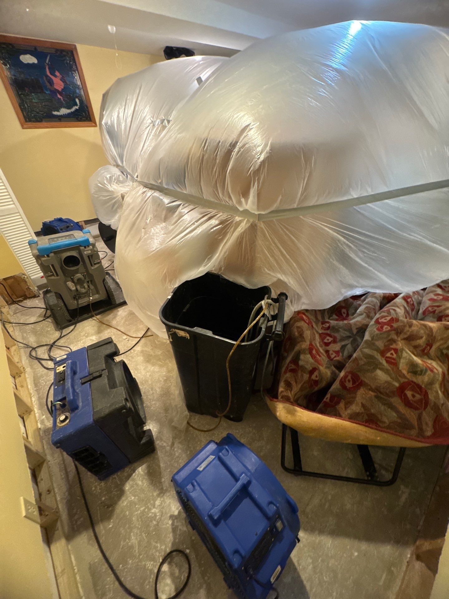 Dehumidifiers and air movers deployed to dry affected areas in mold remediation scope.