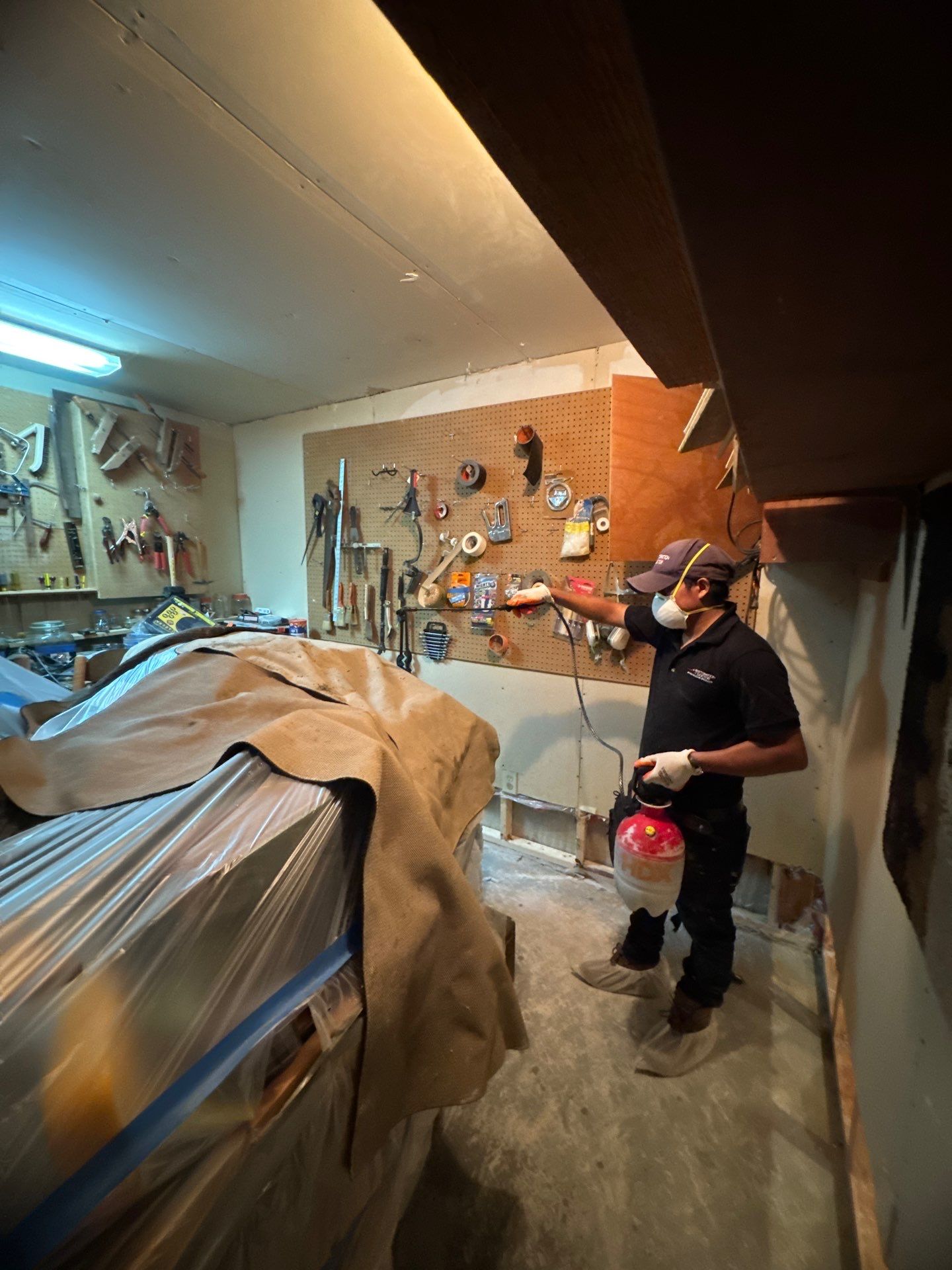 Water extraction equipment positioned for structural drying during mold remediation process.