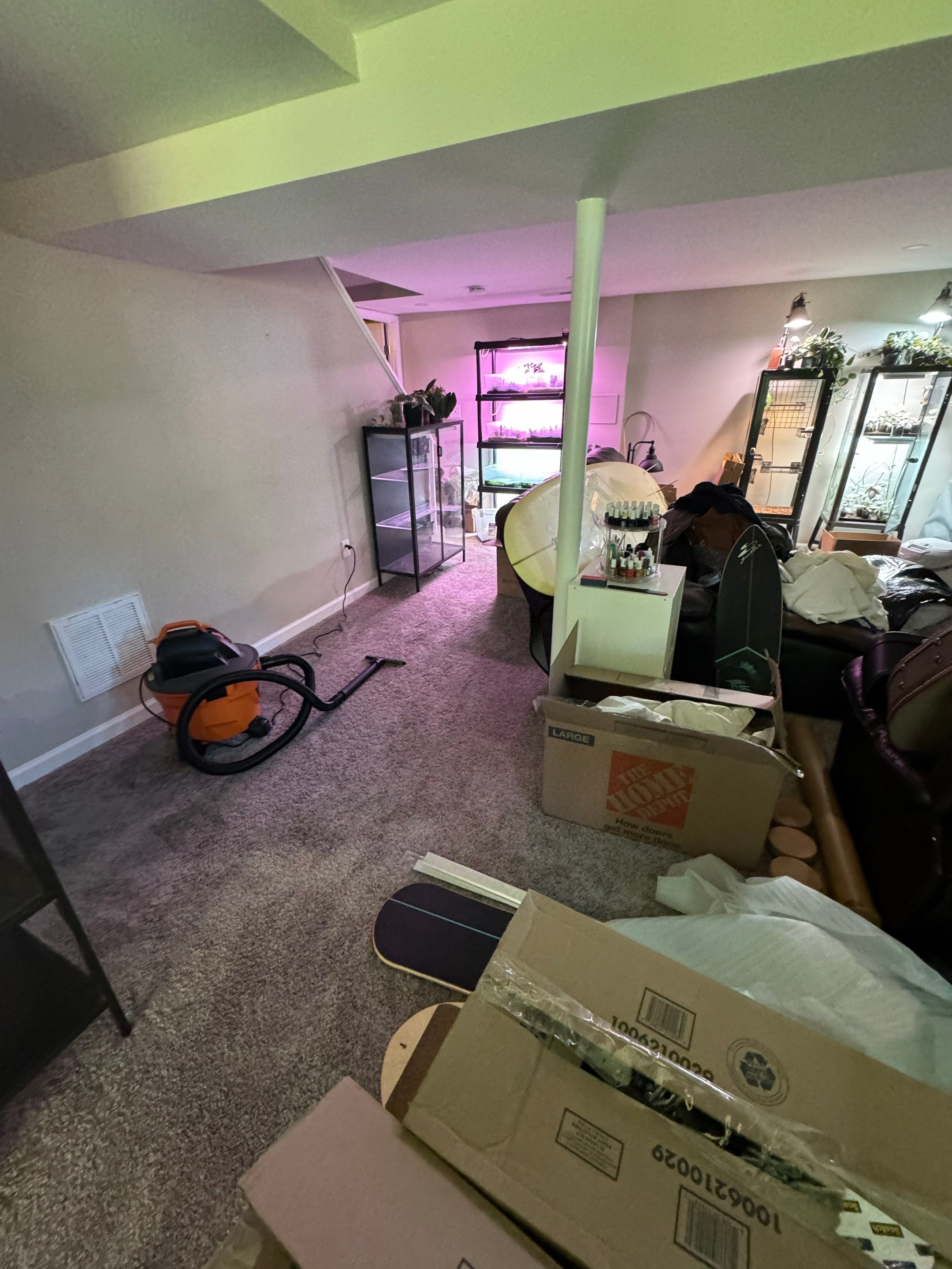 Dehumidification system operating to remove moisture from affected building materials.