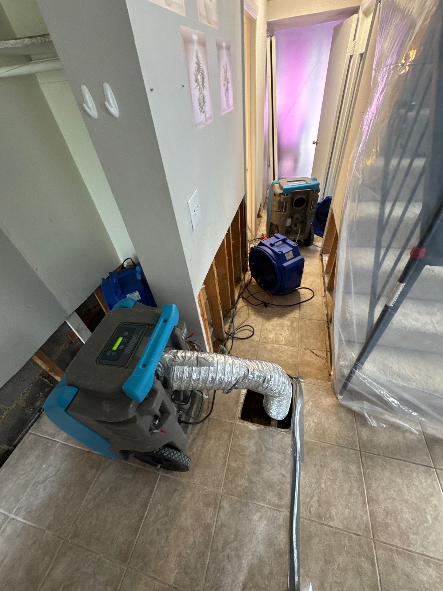 Dehumidification and air movement equipment positioned for structural drying phase.