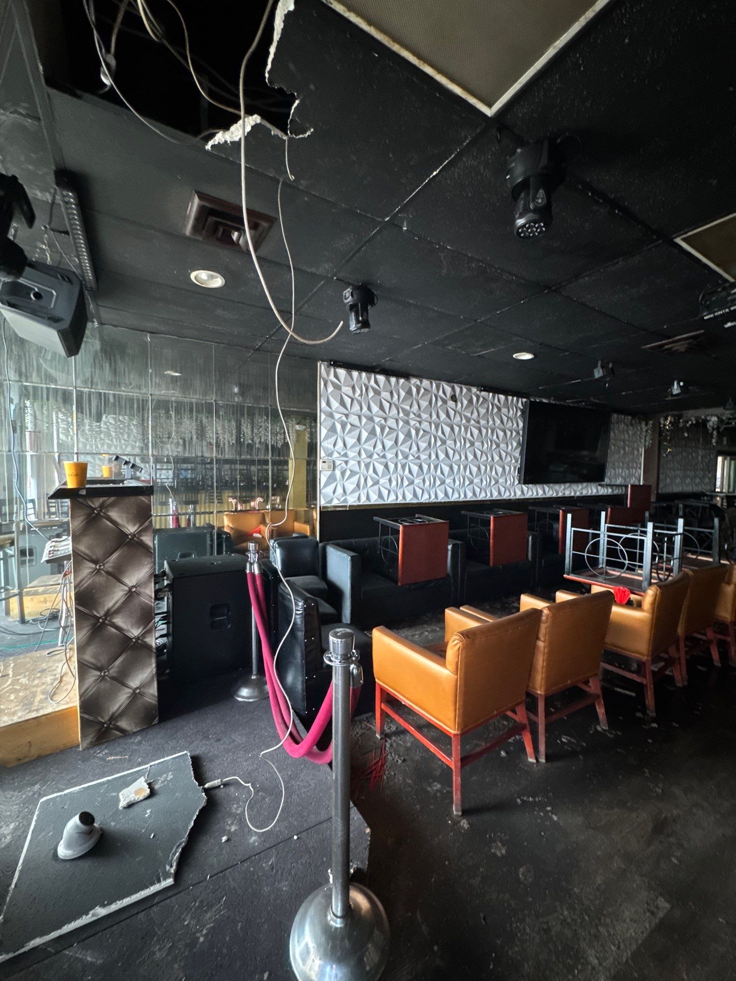 Continued structural drying with equipment placement optimizing moisture removal from affected ceiling assembly.