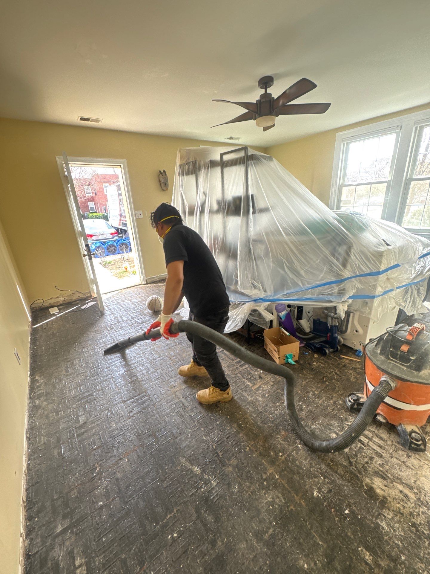 Final-stage drying completion with equipment removal and containment barrier takedown following Arlington water damage restoration.