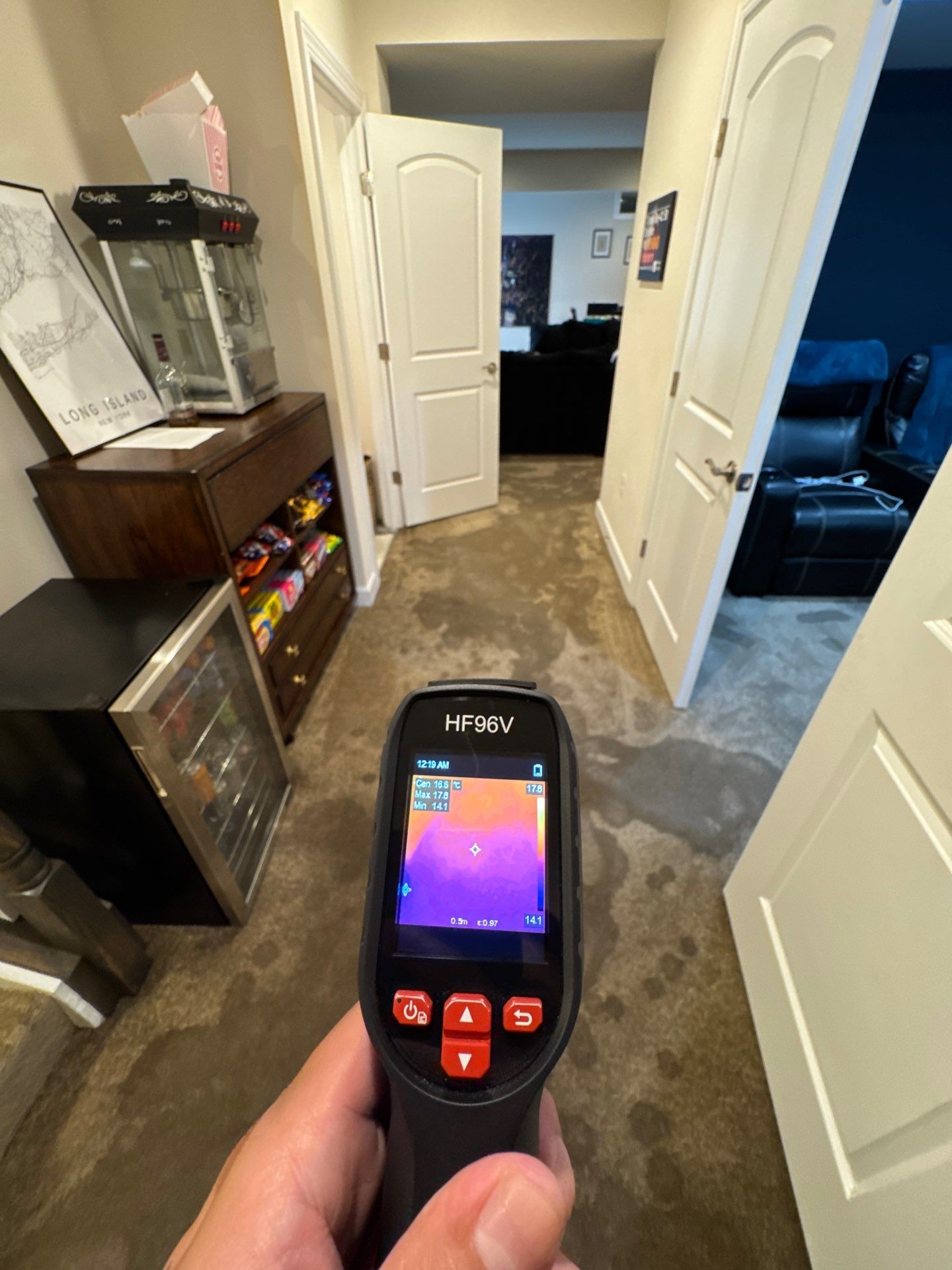 Thermal imaging data revealing subsurface moisture patterns beneath finished materials.