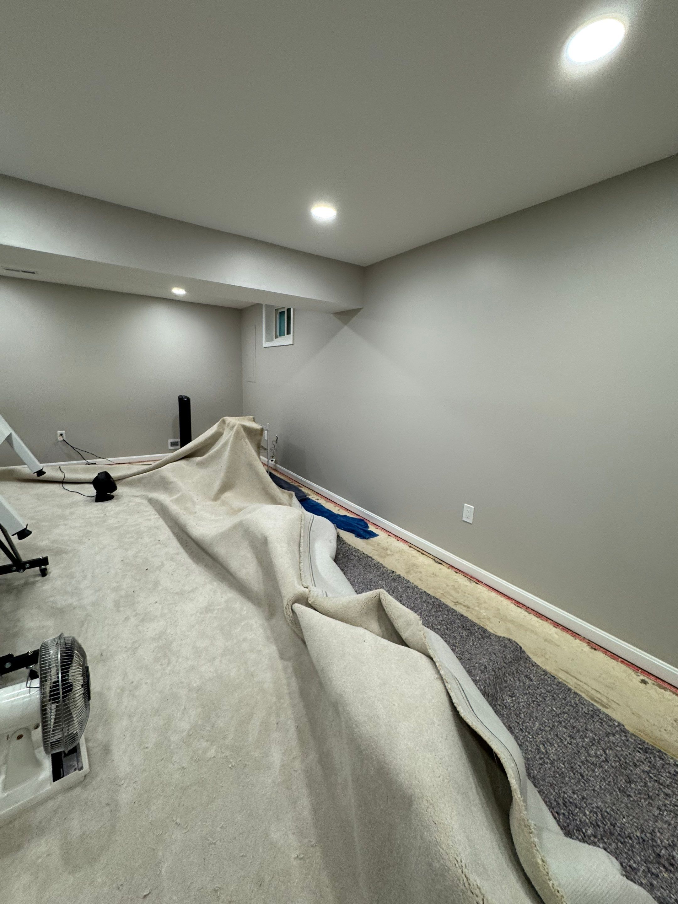 Water damage restoration in Chantilly: wet carpet and baseboards awaiting removal and drying equipment setup.