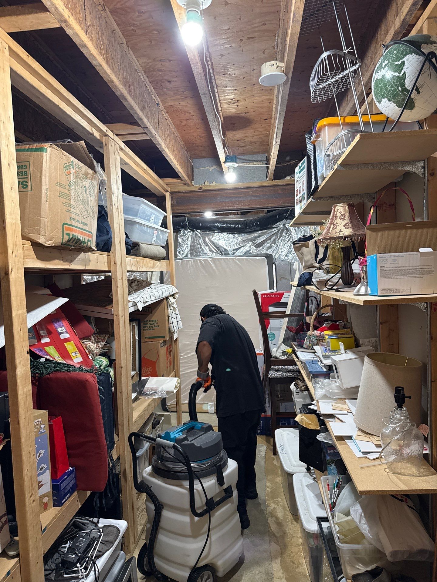 Continued structural drying and sanitizing application during mold remediation sequence.