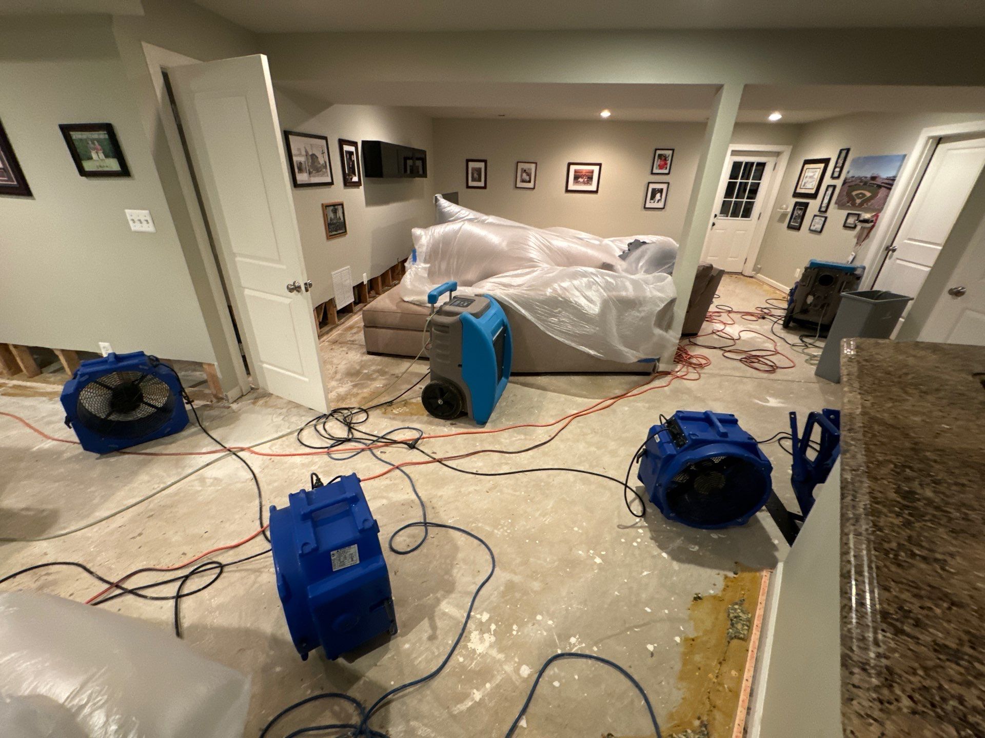 Water-damaged carpet and flooring in Alexandria home with dehumidification equipment staged for structural drying.