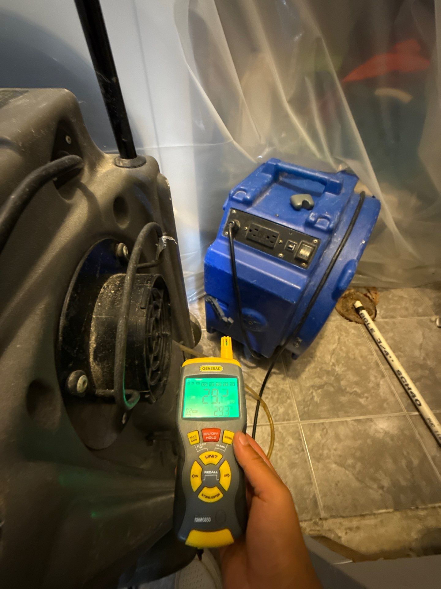 Structural drying equipment deployed to arrest moisture and mold growth.