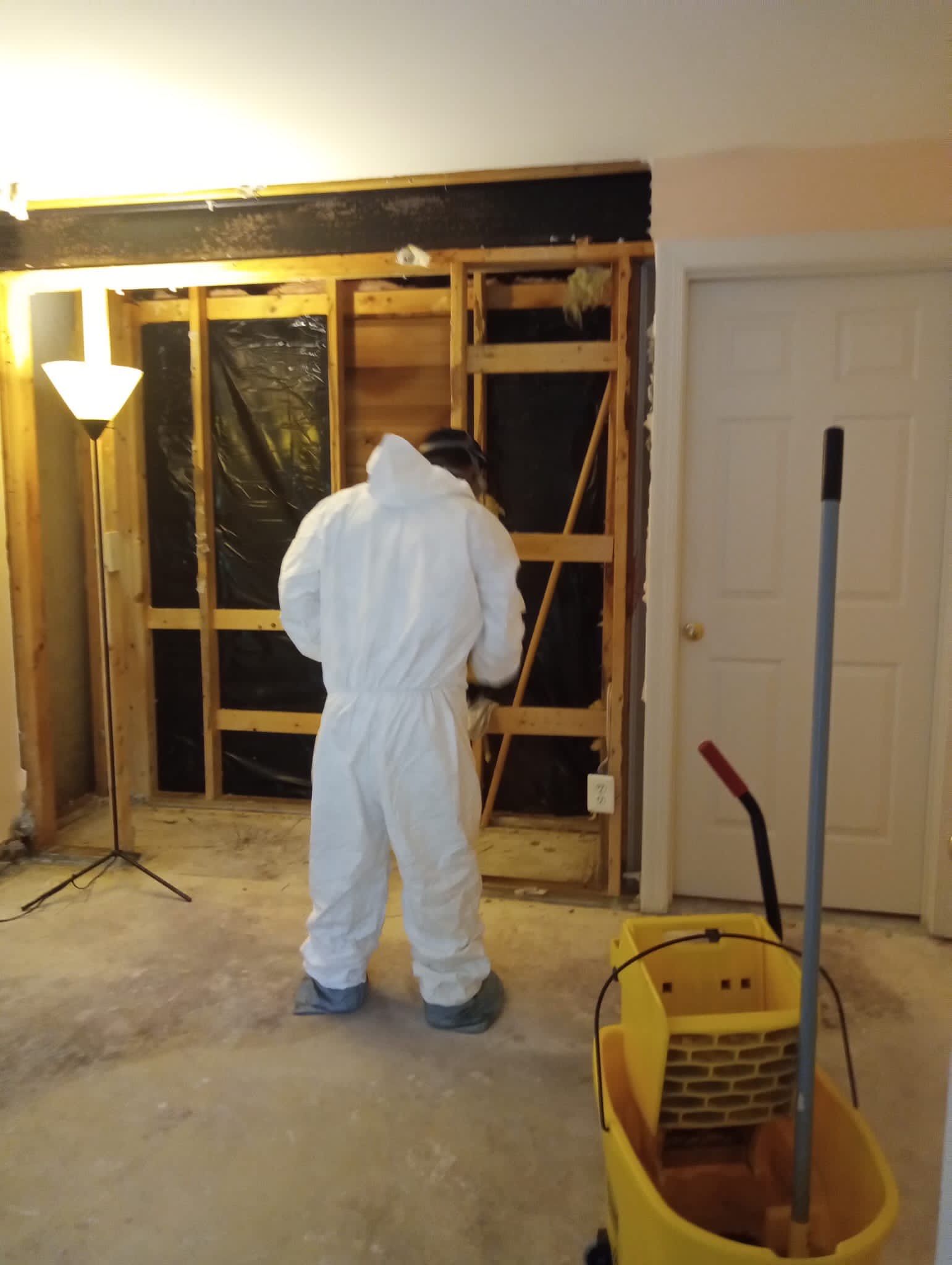 Continued drying phase with equipment monitoring moisture levels in structural materials.