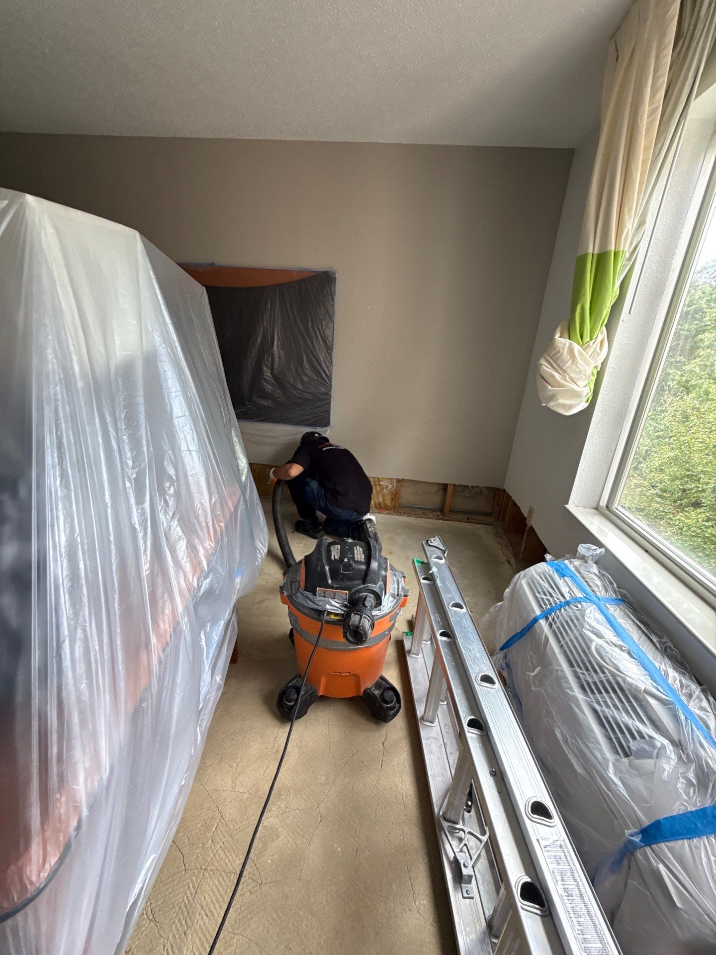 Treated framing and substrate preparation underway before wall reconstruction in mold remediation project.