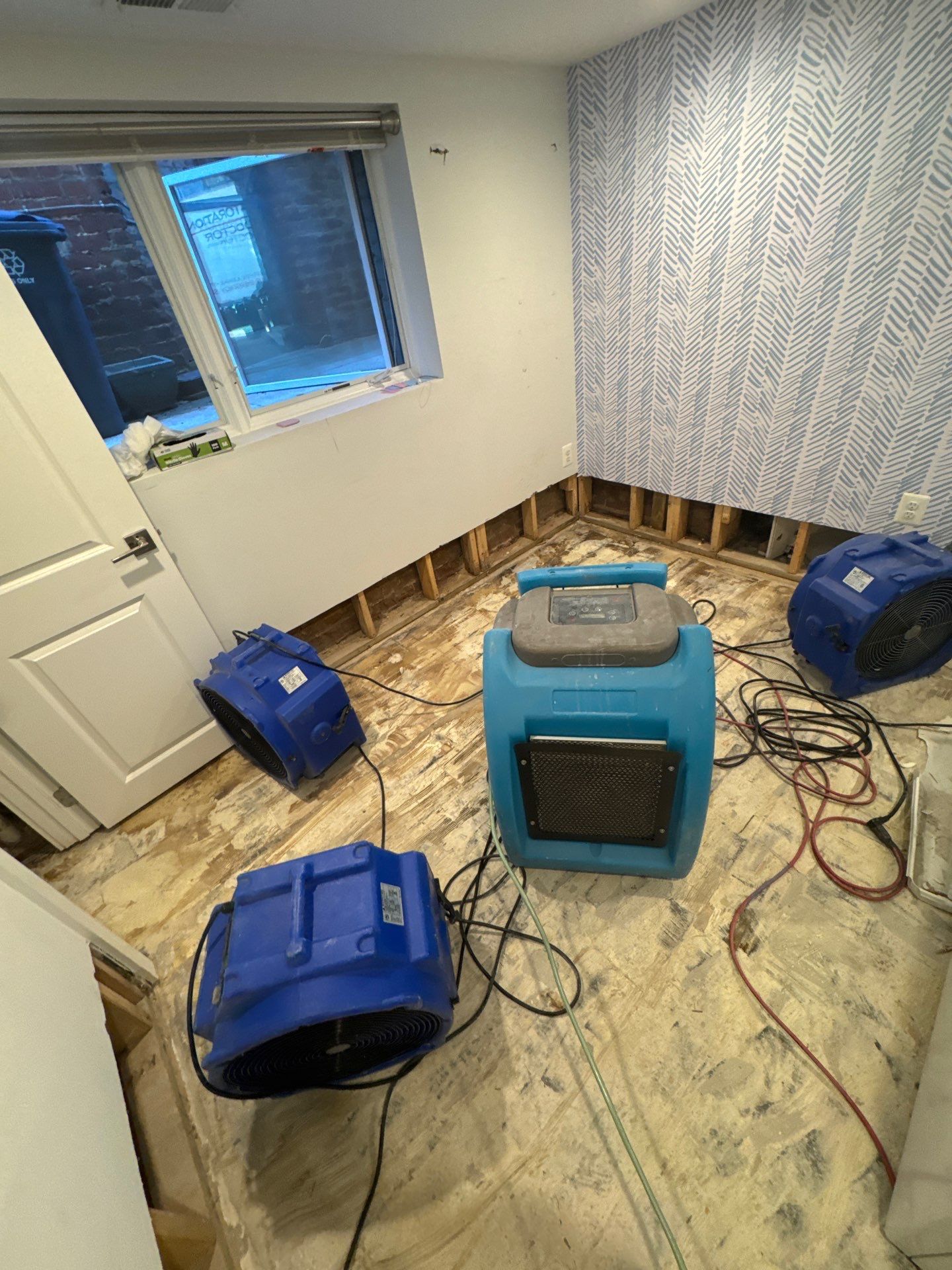 Drying continues as structural elements are exposed and monitored for moisture recovery in Fairfax remediation.