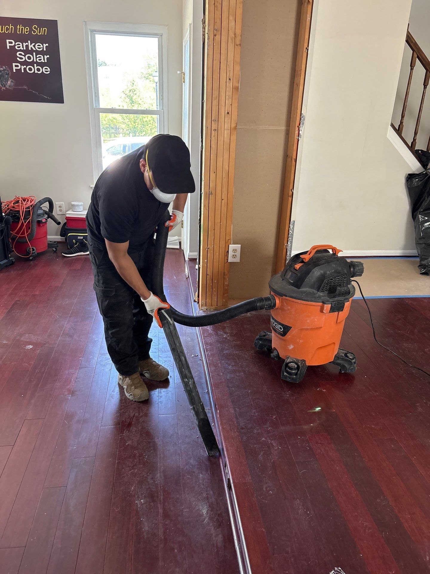 Standing water extraction begins at Centreville mold remediation site, moisture mapping underway.