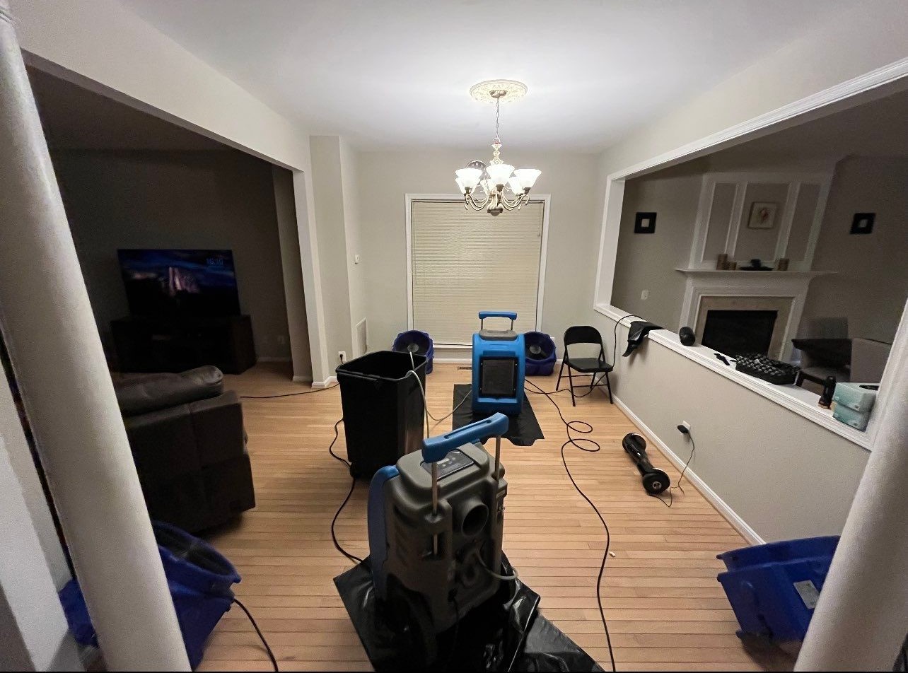 Mid-stage mold remediation showing continued dehumidification and monitoring of moisture levels in materials.