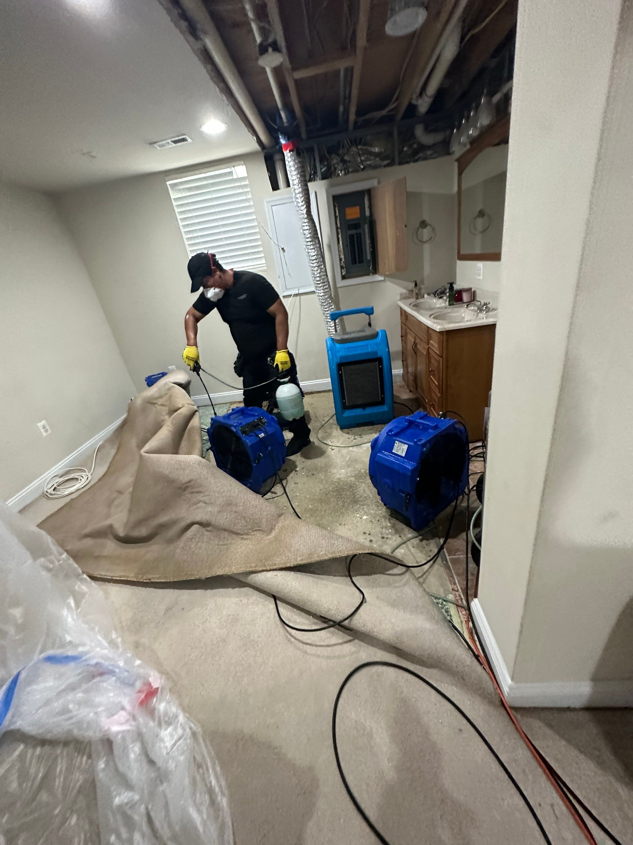 Structural drying in progress with dehumidification equipment monitoring moisture levels in ceiling and wall cavities.