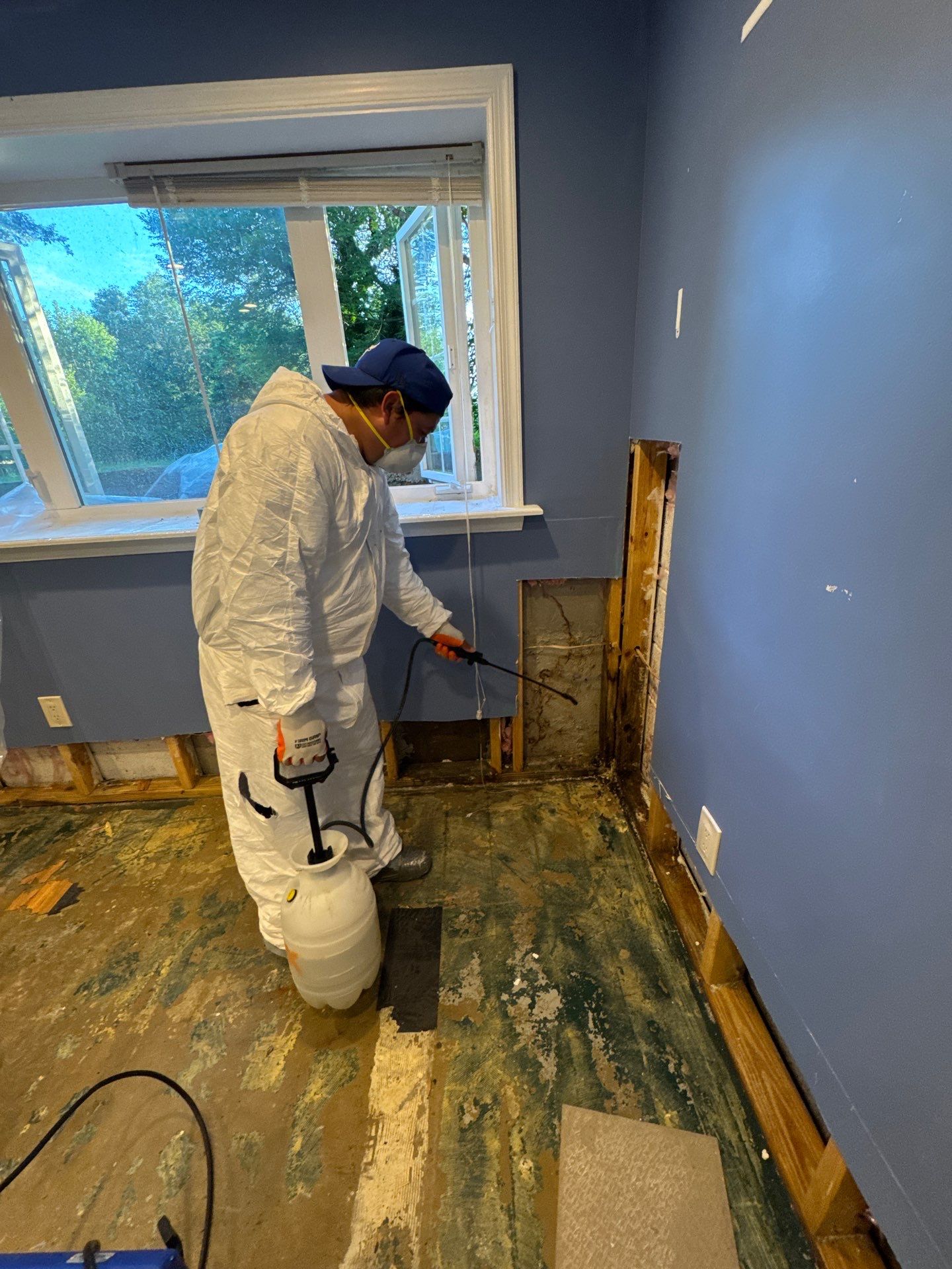 Structural drying equipment positioned within containment to remove moisture from affected framing.