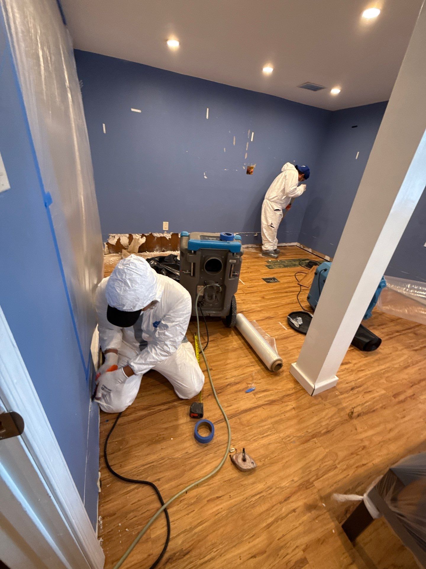 Containment barrier erected around mold remediation work area in Catlett during initial assessment phase.