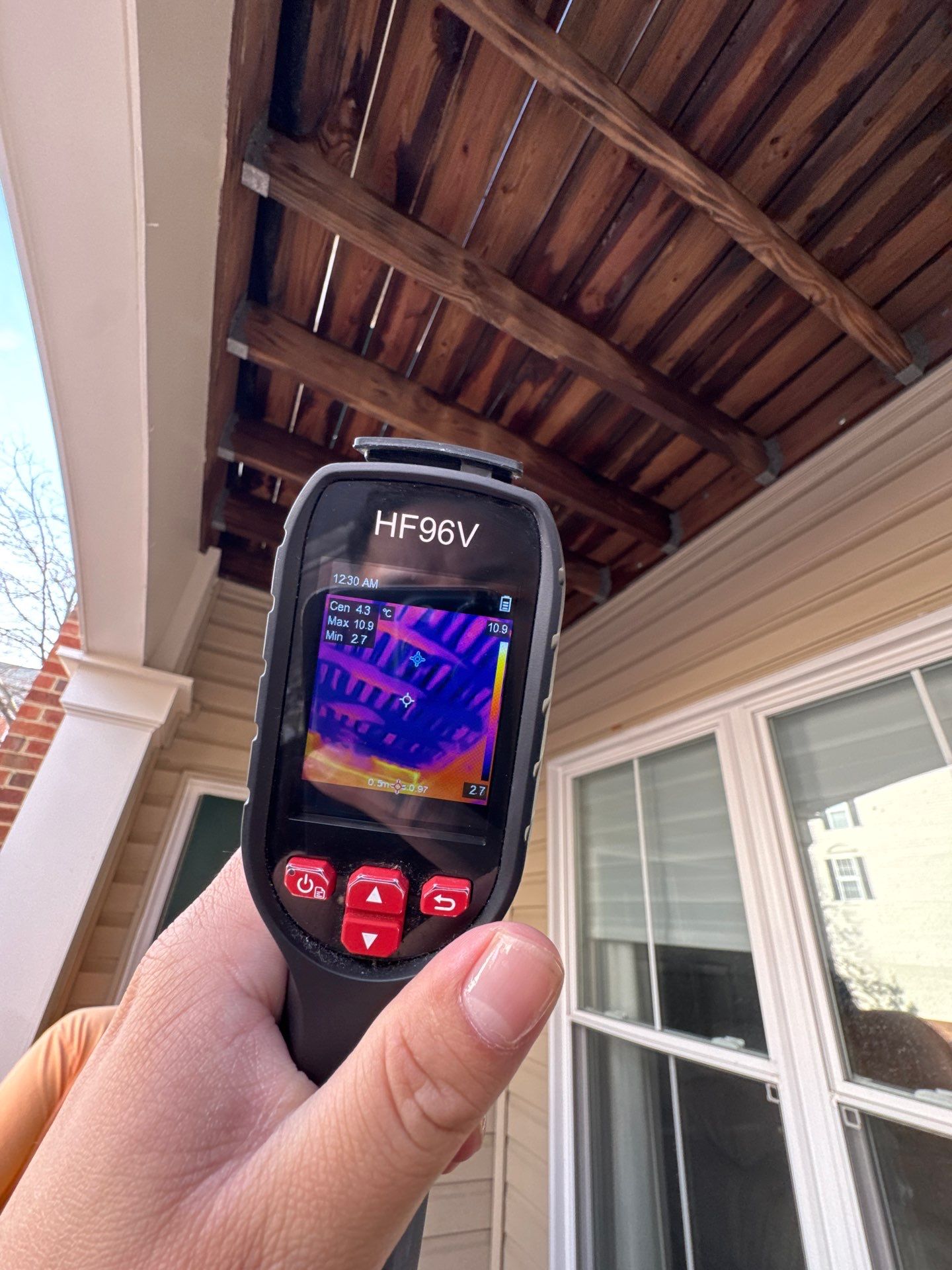 Thermal imaging inspection revealing moisture patterns during Alexandria mold remediation assessment.