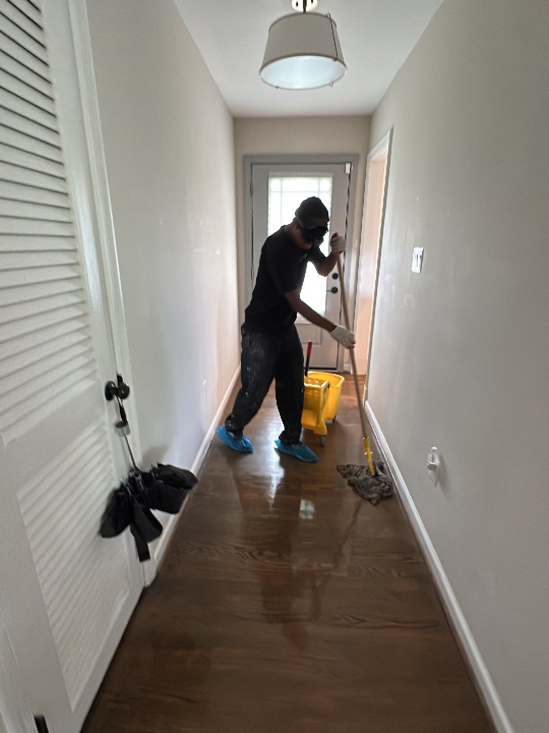 Dehumidification equipment positioned for structural drying during moisture remediation.