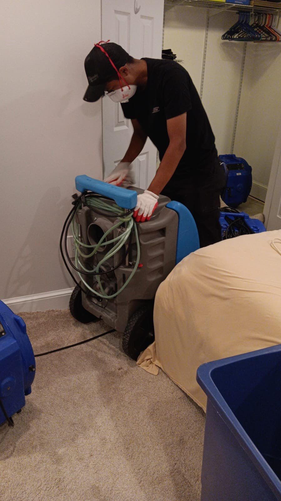 Drying equipment and monitoring setup during active structural drying in mold remediation process.