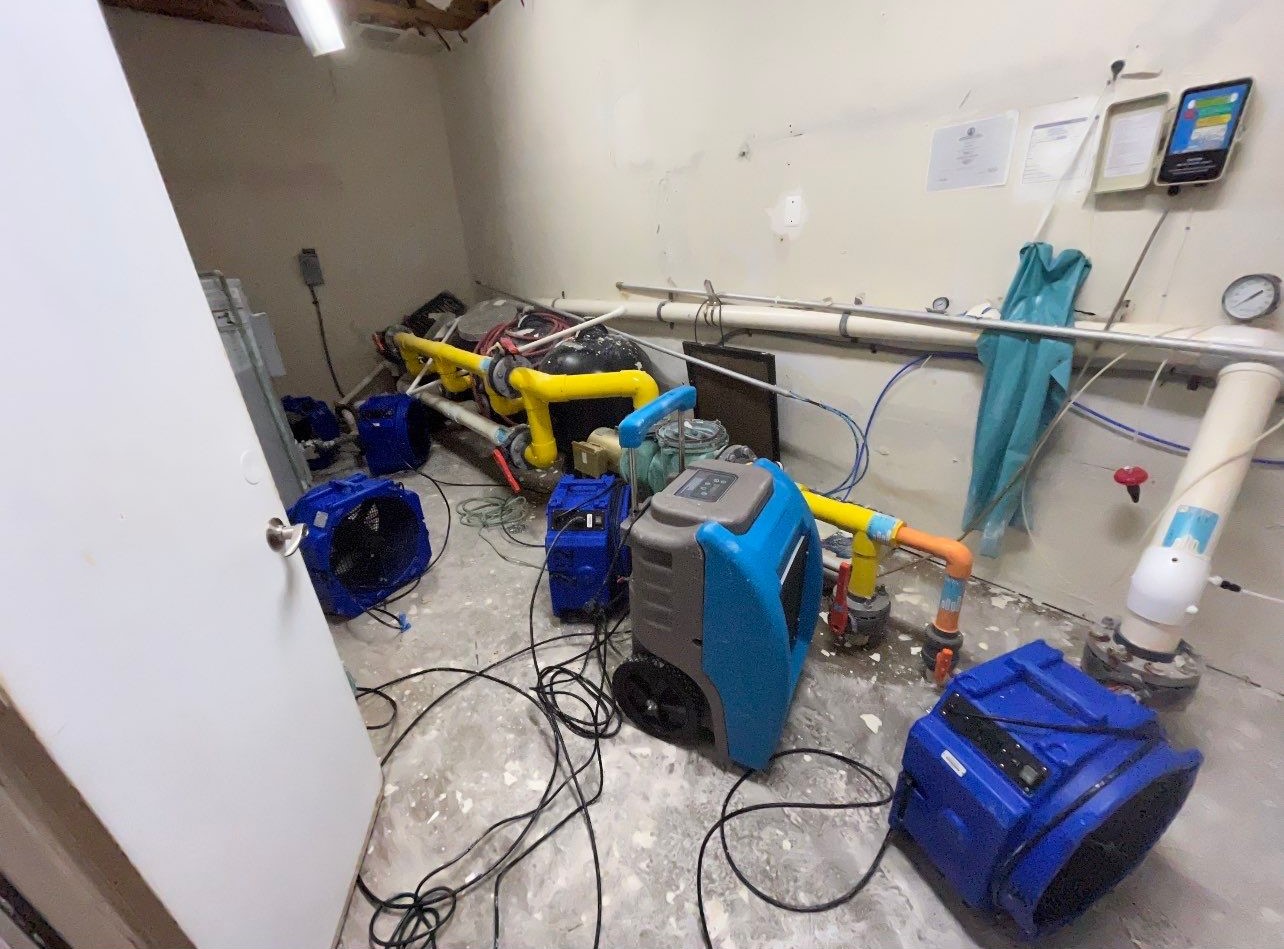 Structural drying in progress with multiple dehumidifiers operating to extract moisture from walls and framing.