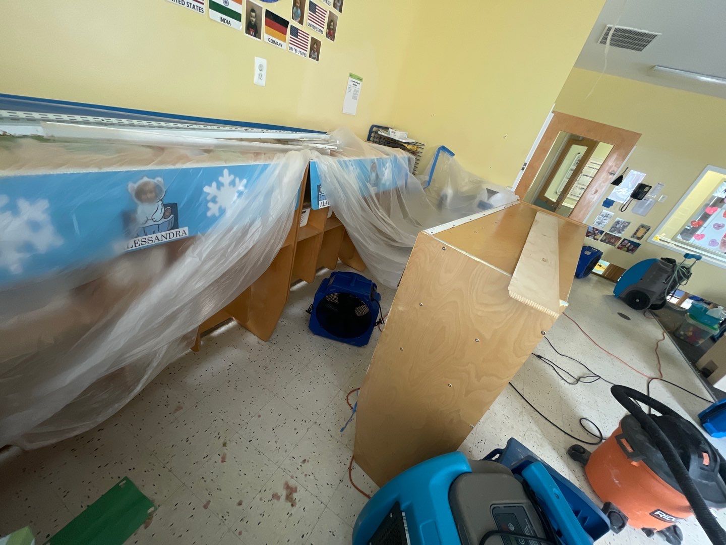 Water damage restoration in Leesburg with dehumidification equipment positioned for structural drying.