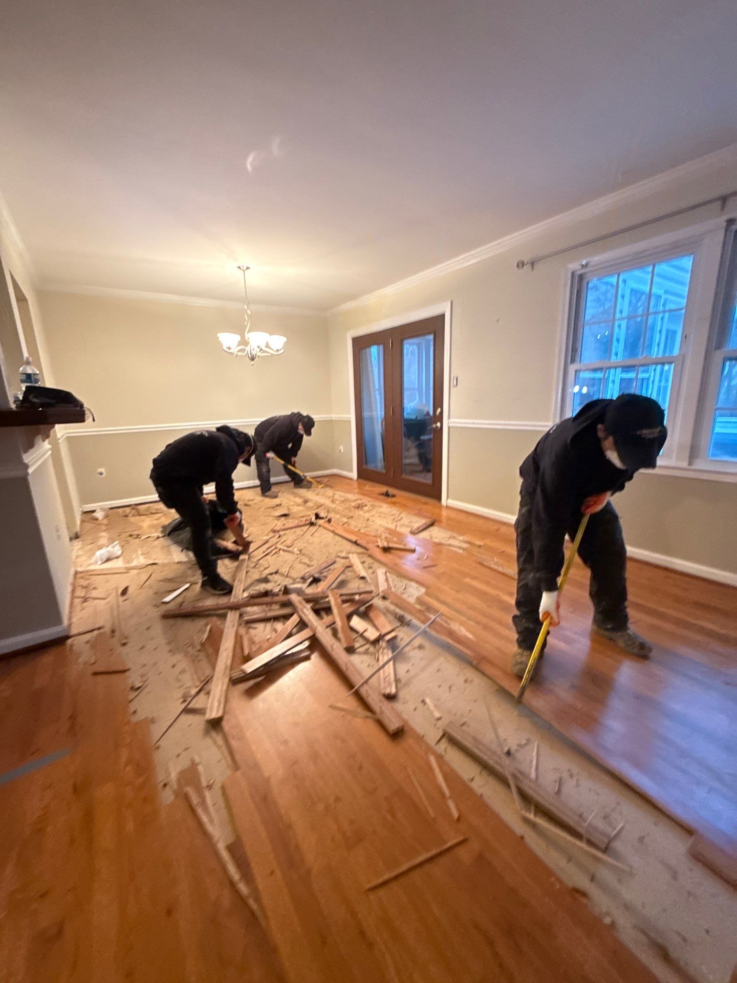 Standing water removal underway in Reston water damage restoration, extractors deployed across affected floor.